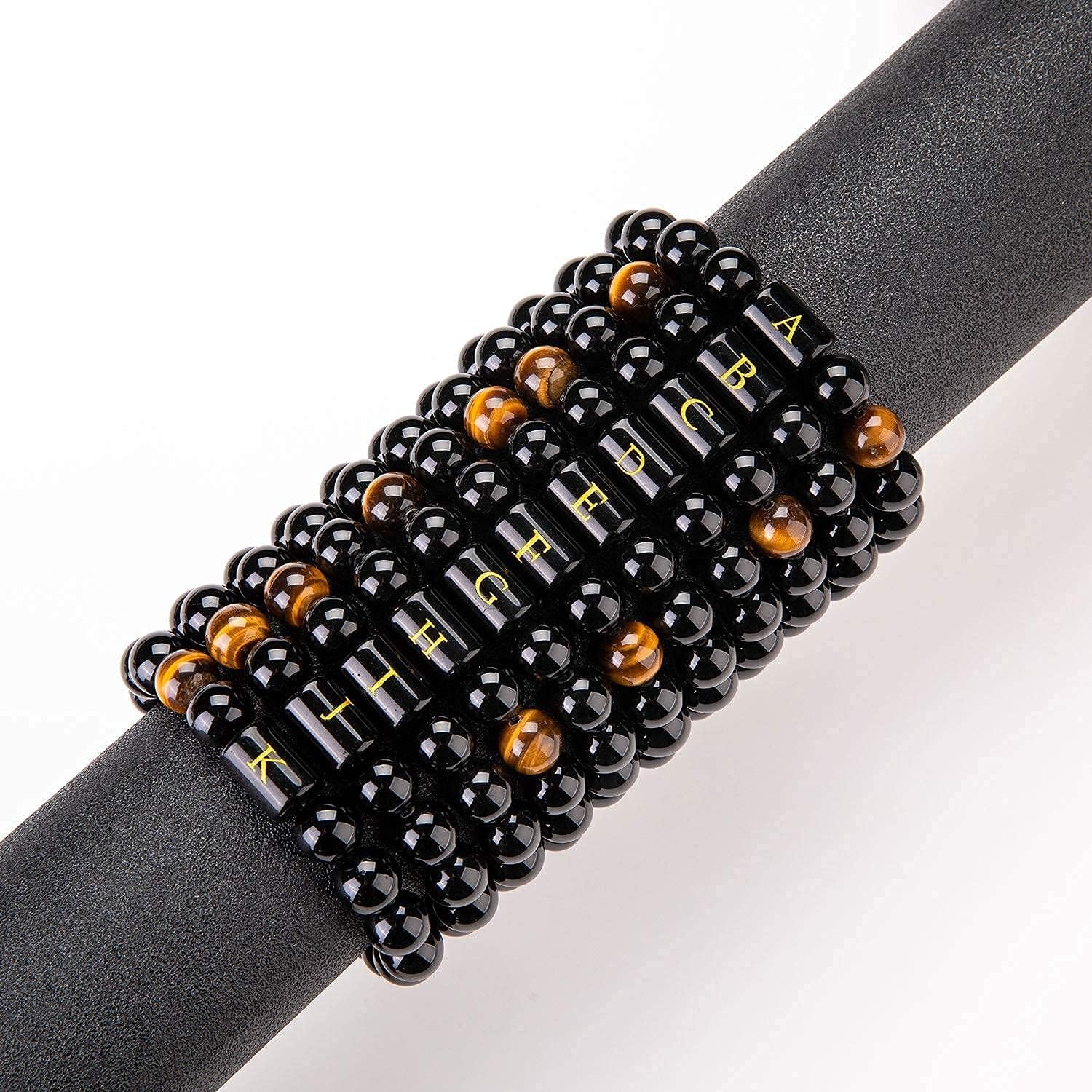 FRG To My Men,Initials Bracelets for Men Letter Link Handmade Natural Black Onyx Tiger Eye Stone Beads Braided Rope Meaningful Bracelet for Boyfriend Husband Birthday Fathers Gifts(C)