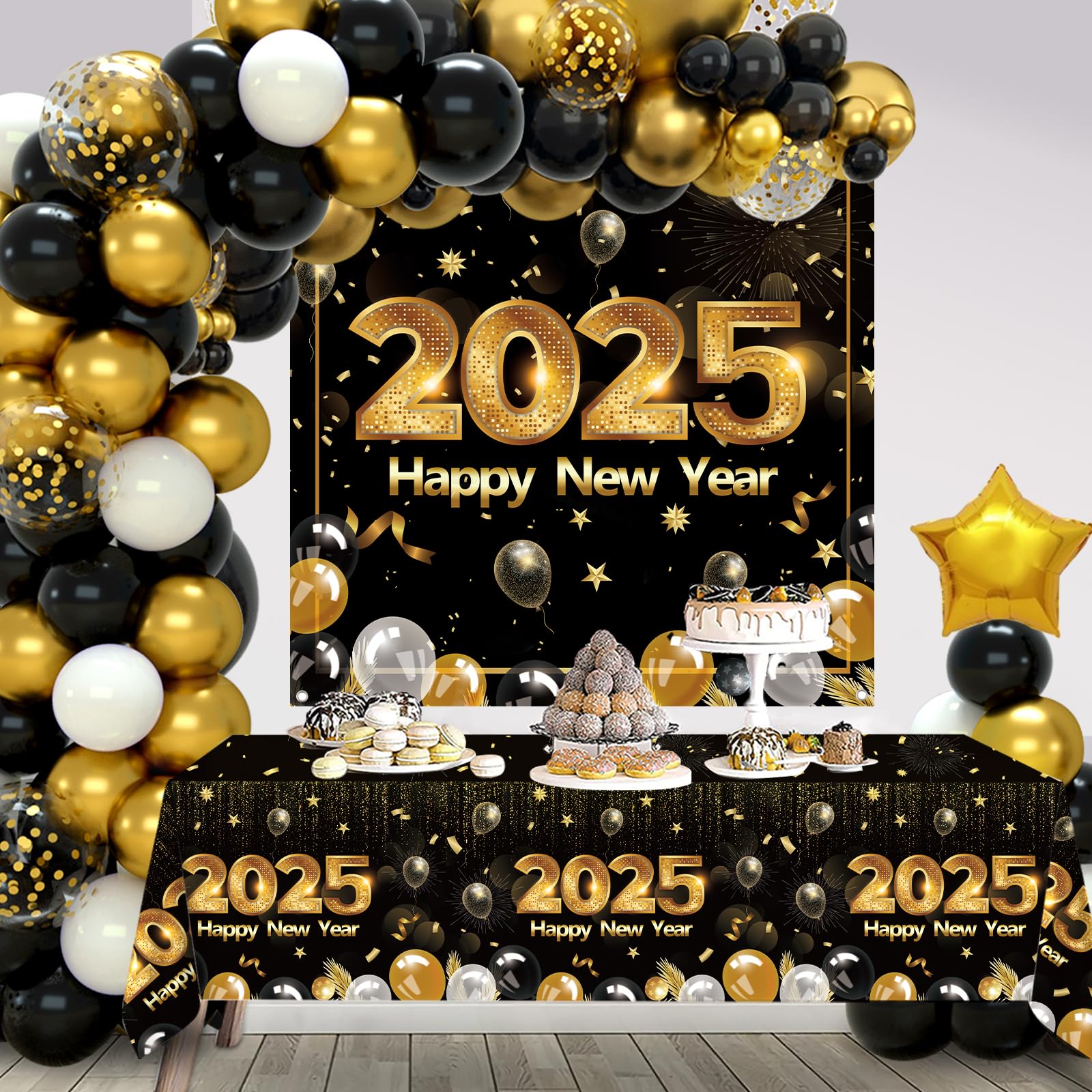 Happy New Years Eve Party Supplies 2025 - New Years Decorations Black and Gold Confetti Balloon Garland Arch Kit Happy New Year Backdrop Tablecloth for New Year Party Anniversary Retirement Graduation