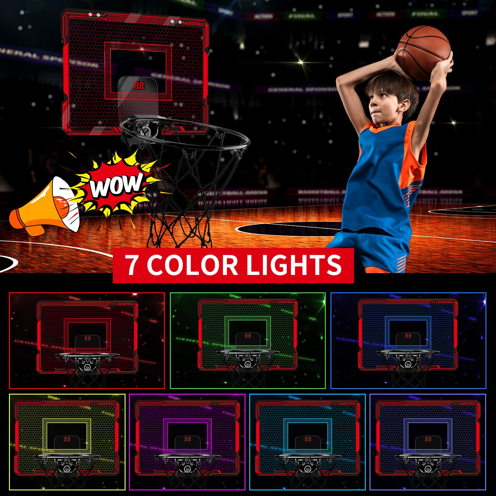 Basketball Hoop Indoor for Kids, Over The Door Basketball Hoops with LED Lighting & Audio Scoreboard, Mini Basketball Hoop Basketball Toys Gifts for 5 6 7 8 9 10 11 12 Year Old Boys Girls (Red)