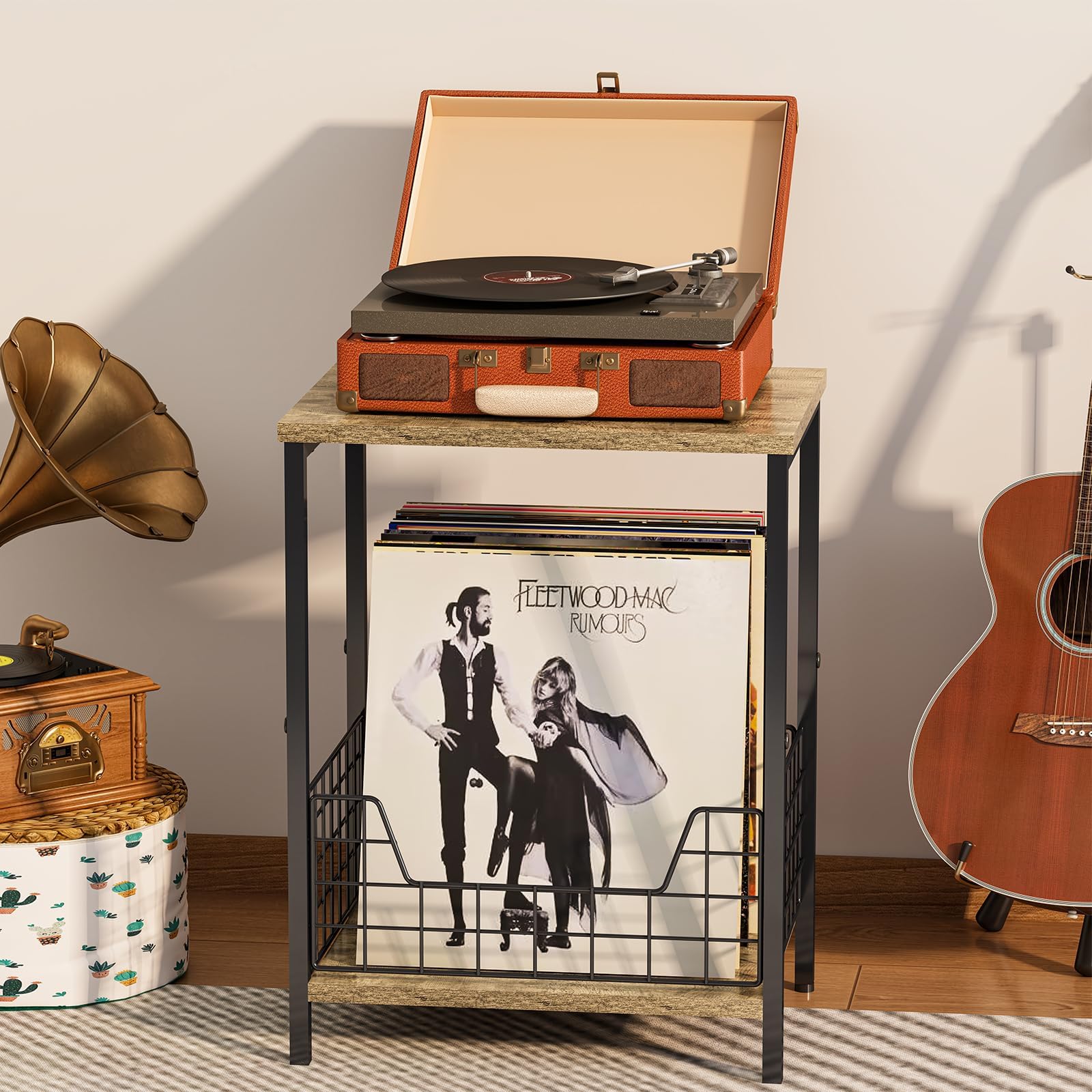 X-cosrack 2-Tier Record Player Table, Industrial Retro Side Table Nightstand Small for Living Room Bedroom Kitchen Office Small Spaces, Record Player Stand with Record Album Storage-Rustic Brown