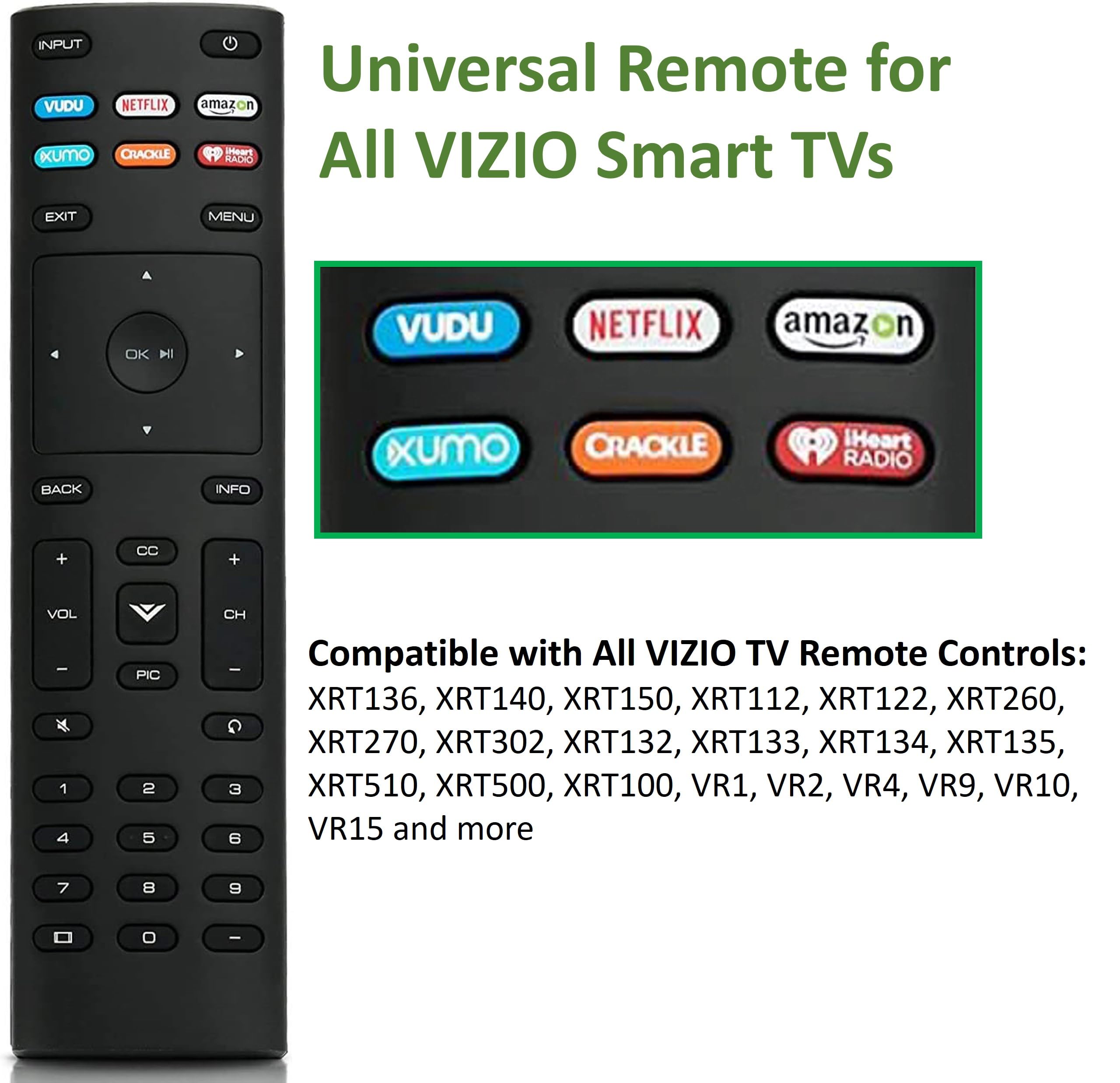 Universal XRT136 Remote Control Works for All Vizio Smart TV D24f-F1 D43f-F1 D50f-F1 E43-E2 E60-E3 E75-E1 M65-E0 M75-E1 P55-E1 P65-E1 P75-E1 and More