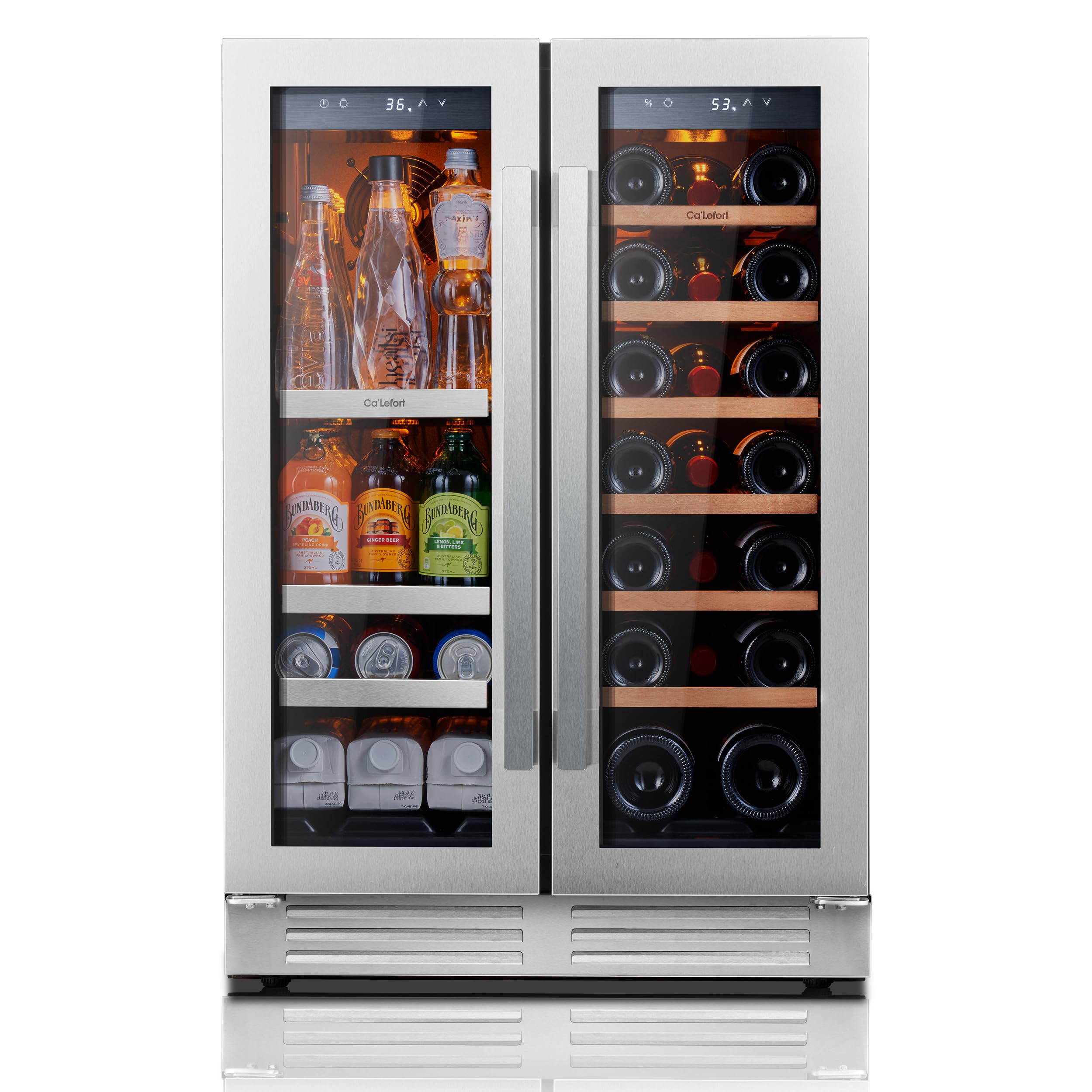 Ca'Lefort 24 Inch Wine and Beverage Refrigerator, 60 Can and 20 Bottle Wine Cooler Refrigerator 36-72°F, 3 LED Dual Zone Wine Fridge Glass Door, Built-in or Freestanding for Home/Kitchen (4.10 cu.ft)