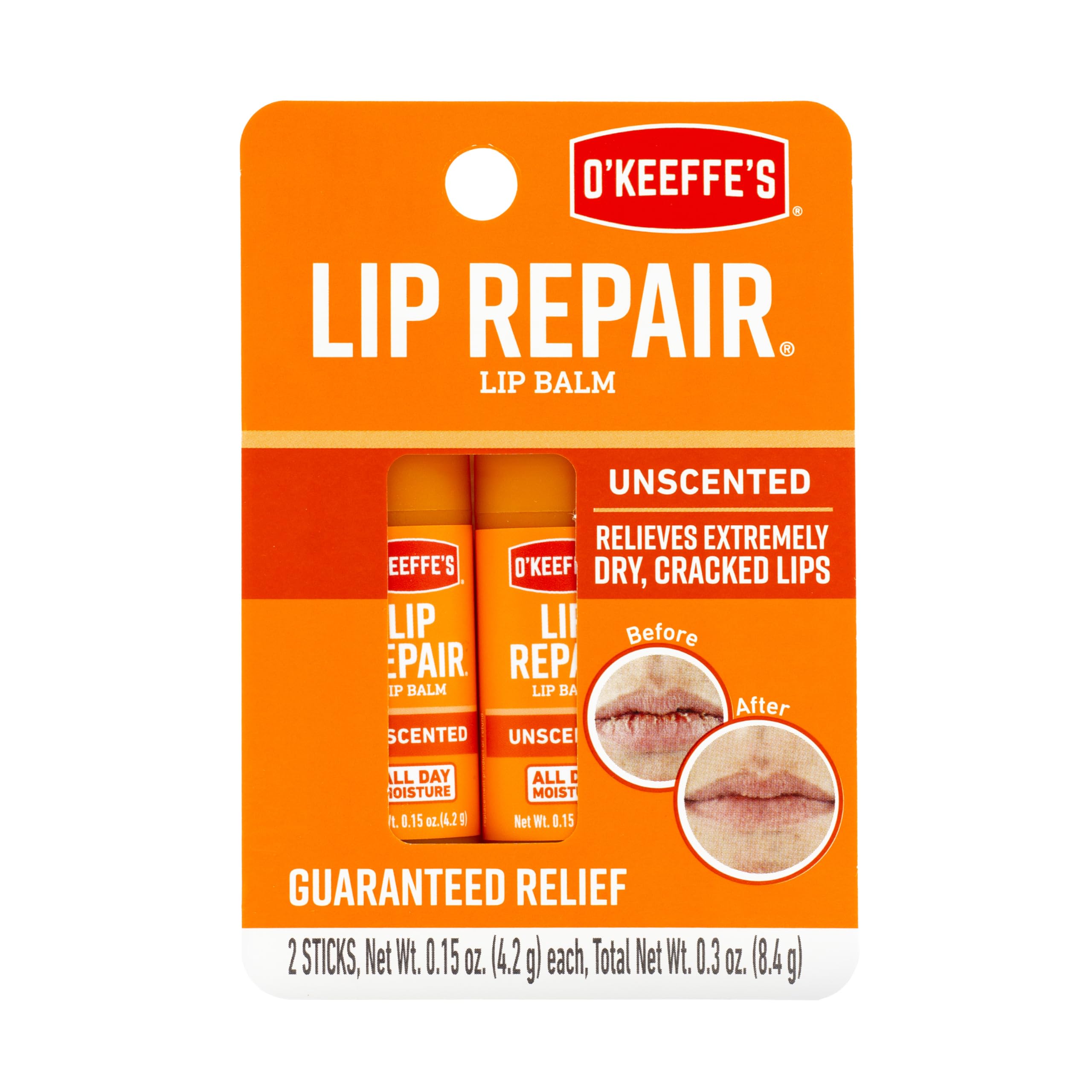 O'Keeffe's Unscented Lip Repair Lip Balm for Dry, Cracked Lips, Stick, Twin Pack