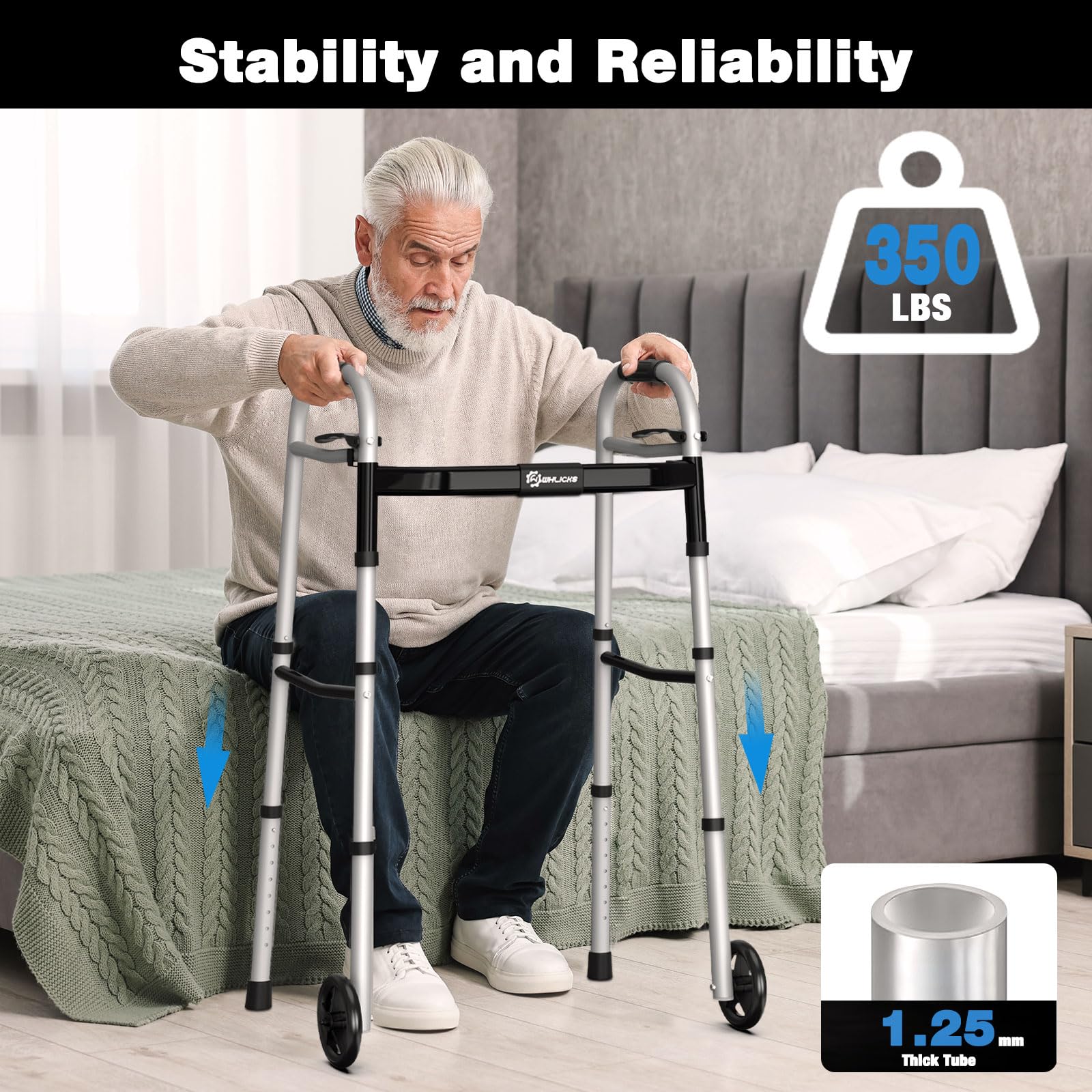 Whlicks Narrow Folding Walkers for Seniors,Aluminum Lightweight Walkers with Wheels, Adjustable Width and Height Front Wheel Walker for Elderly and Disabled, Supports up to 350 lbs