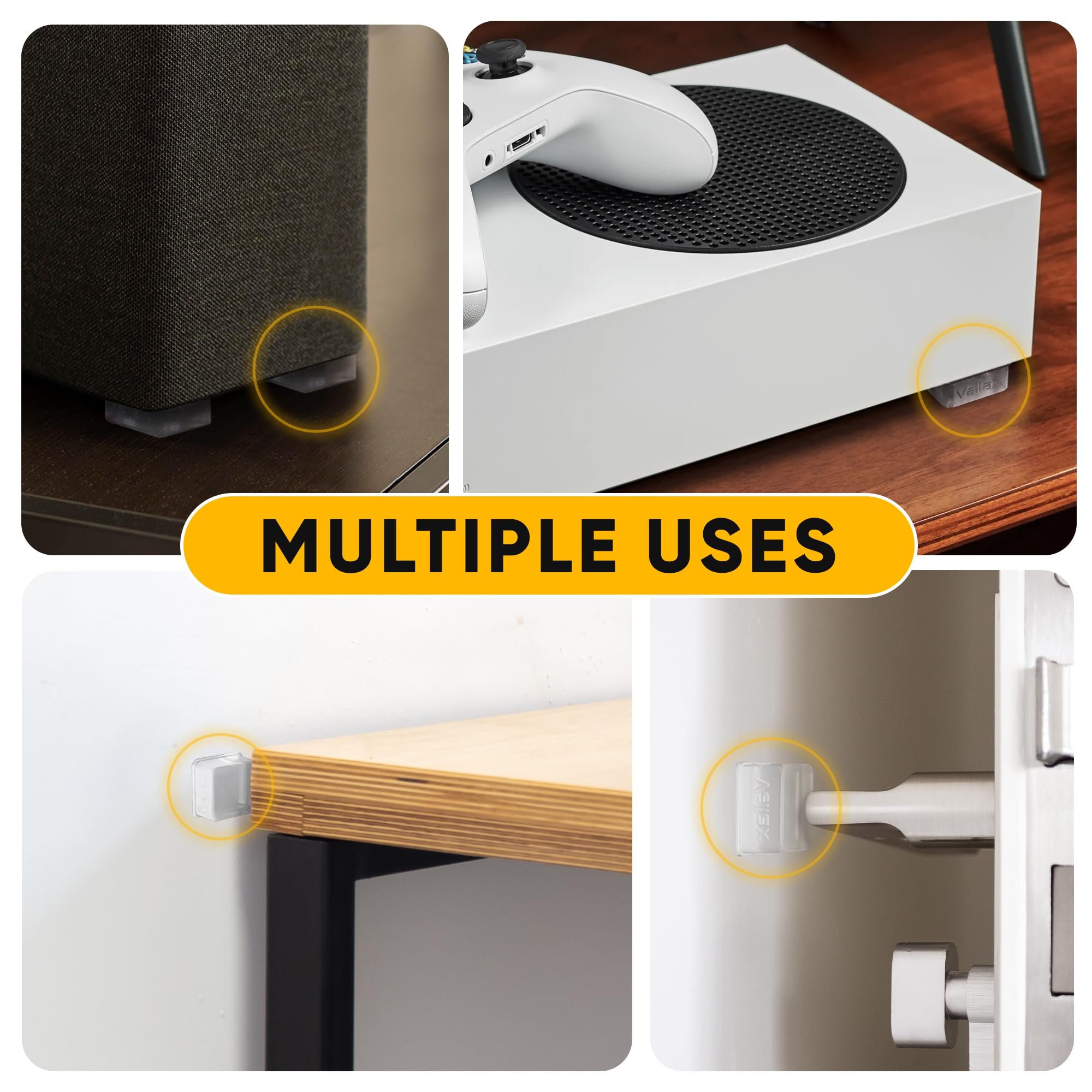 Small Door Knob Wall Protectors – 16 Clear Self-Adhesive Silicone Bumpers for Doors, Furniture & Walls – Anti-Vibration Feet for Electronics & Appliances in Square Block Shape by VELLAX