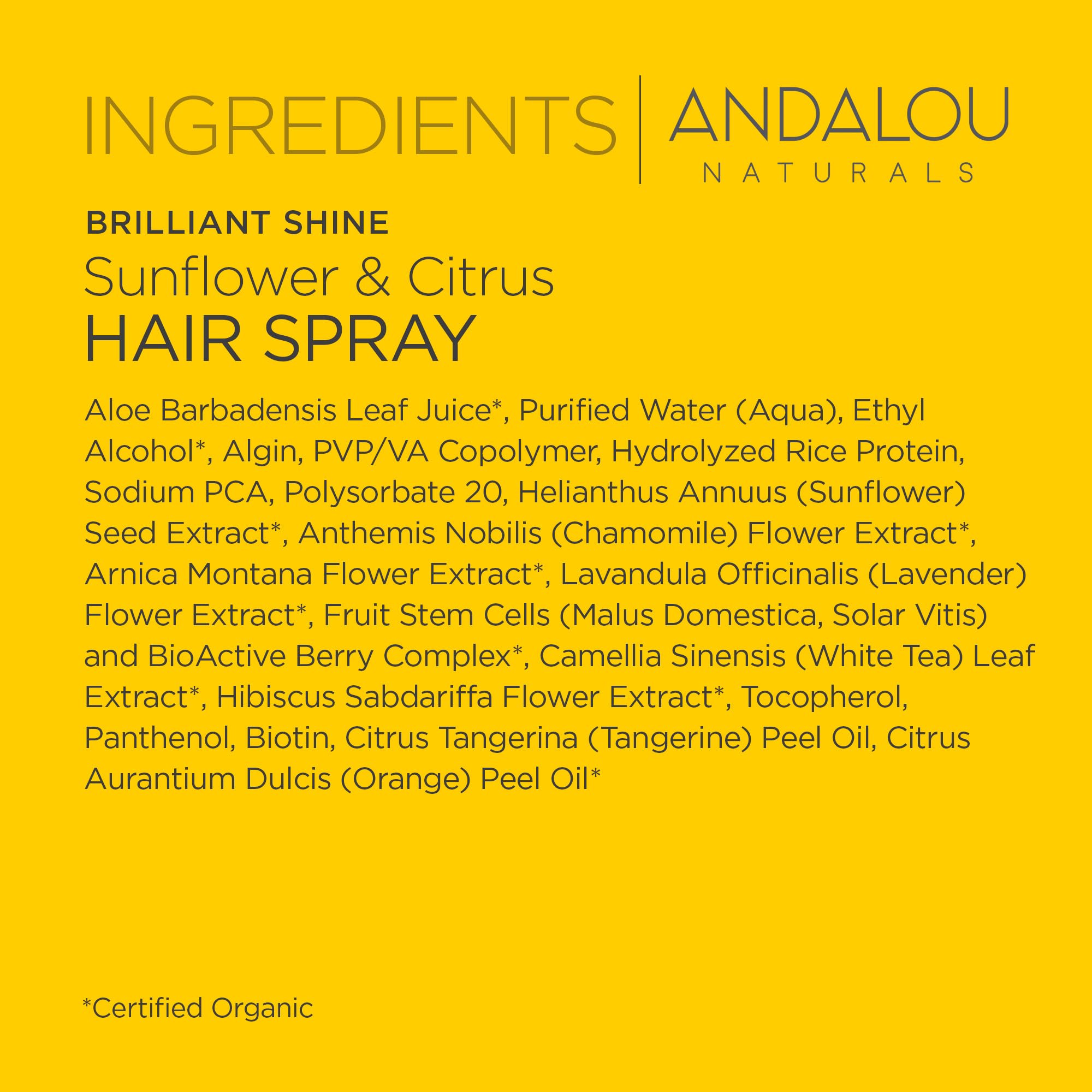 Andalou Naturals Brilliant Shine Hair Spray, Sunflower & Citrus, Styling and Hair Shine Spray with Medium hold, Tames Frizzy Hair & Flyaways, Quick Drying & Non-Sticky, Cruelty Free, 8.2 Fl Oz