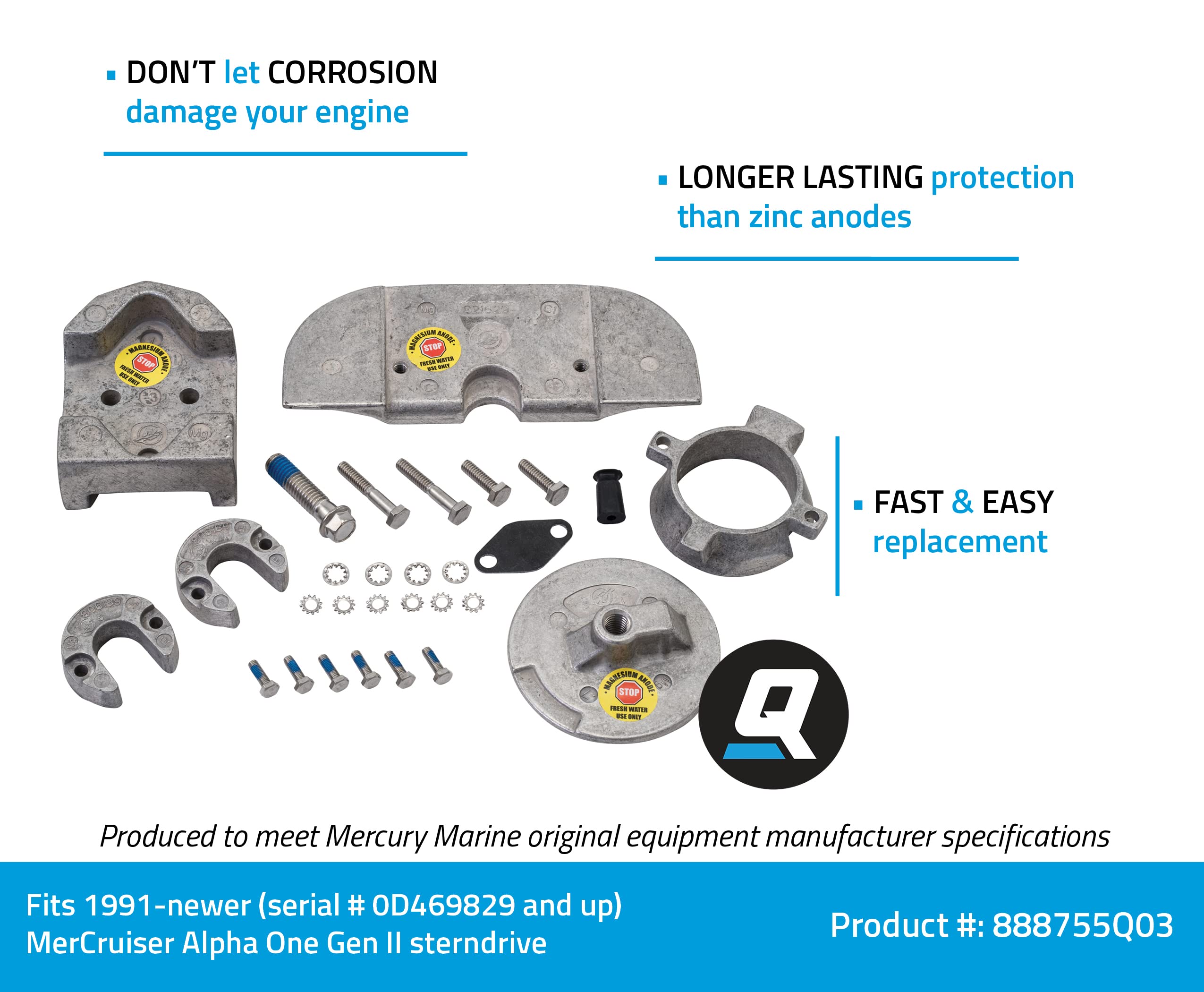 Quicksilver 888755Q03 Magnesium Anode Kit for Select MerCruiser Alpha One Gen II - 1991 and Newer