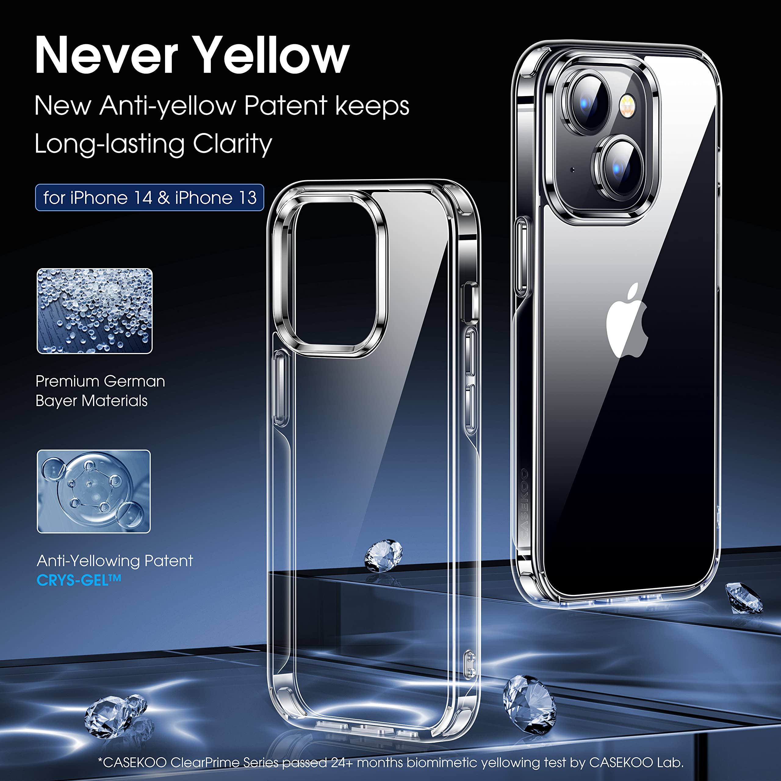 CASEKOO for iPhone 14 Case/iPhone 13 Case Crystal Clear, [Not Yellowing] [Military Grade Drop Protection] Shockproof Protective Phone Case for Women Men 6.1 inch, Clear