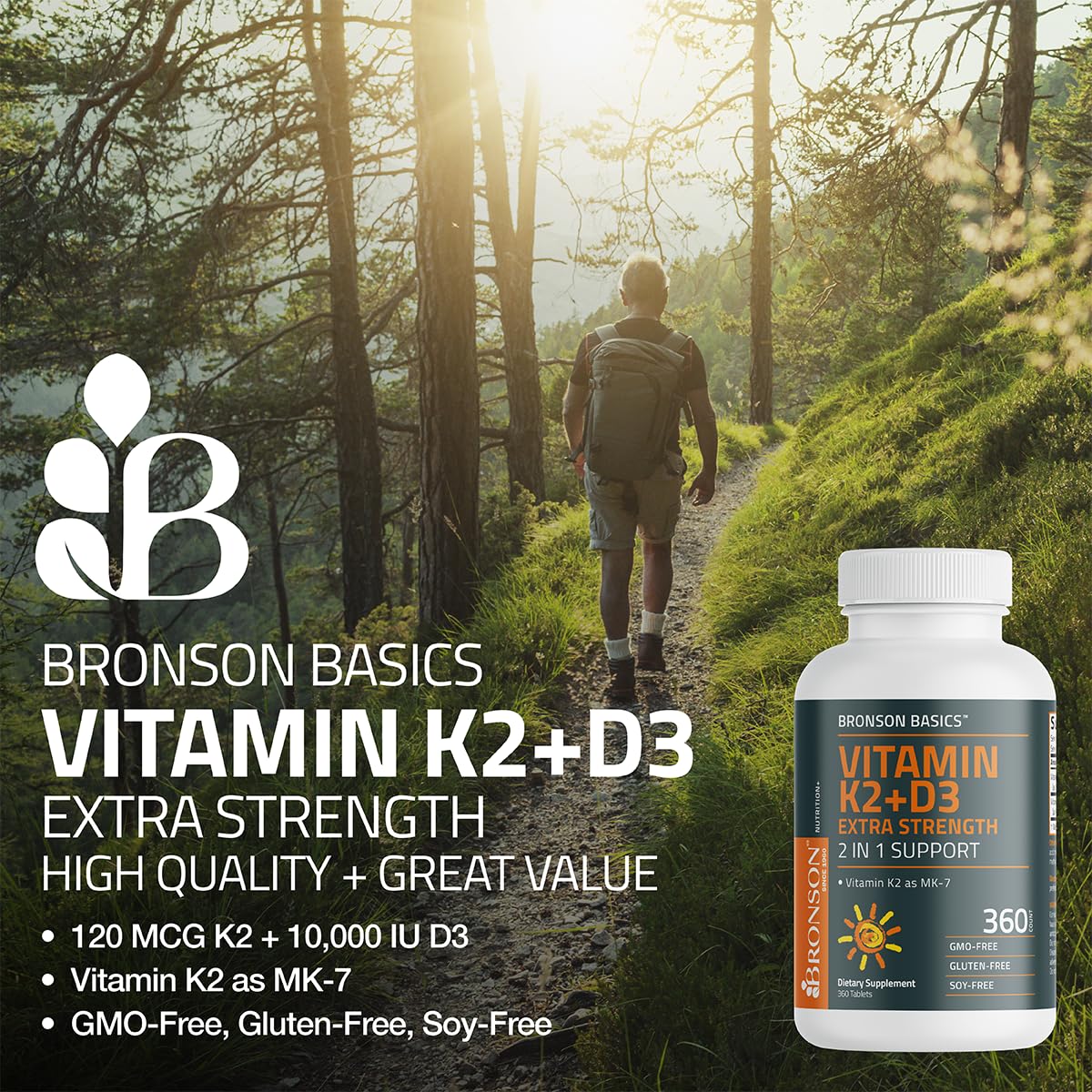 Bronson Vitamin K2 (MK7) with D3 Supplement Extra Strength 2 in 1 Support, 10,000 IU Vitamin D3 & 120 mcg K2 MK-7, 120 Tablets