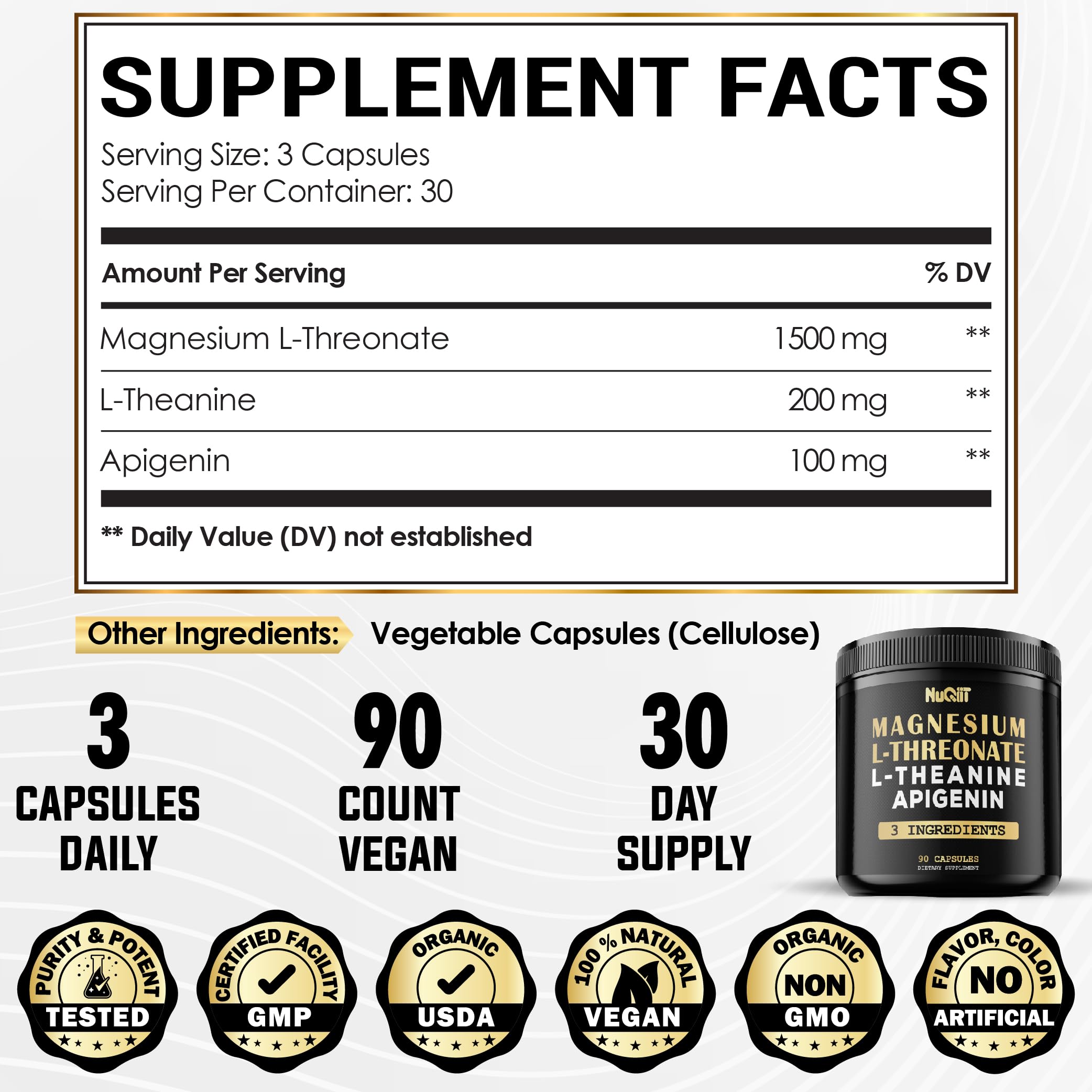 Magnesium L-Threonate 1500mg L-Theanine 200mg Apigenin 100mg Supplement - 90 Capsules - Impressive Benefits for Concentration, Comfortable Mind & Brain Health - 10% Purified Elemental Magnesium