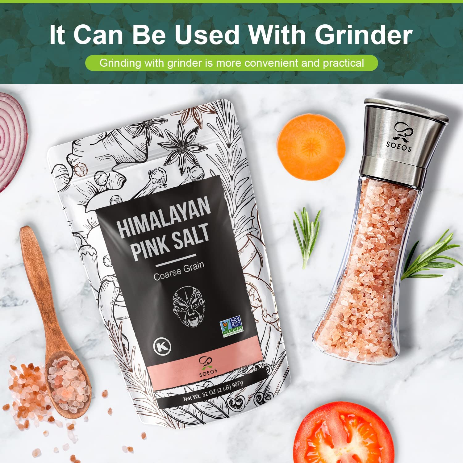 Soeos Himalayan Pink Salt, Coarse Grain, 2 Pound (32 Oz), Non-GMO Pink Himalayan Sea Salt, Himalayan Salt Coarse Salt, Pink Salt for Grinder Refill, Kosher & Natural Certified, Healthy