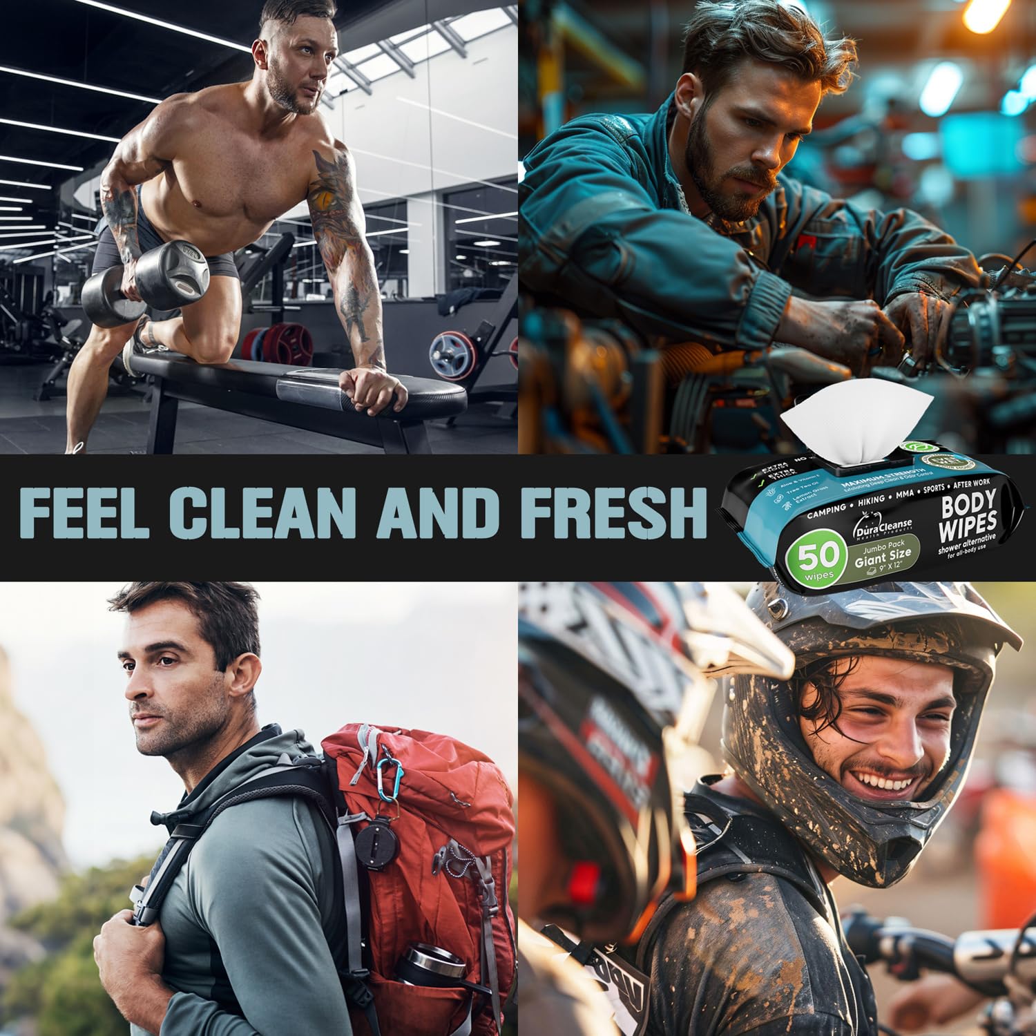 Body Wipes for Men - 50 XL No Rinse Shower Wipes + 4 Travel Bath Wipes - 9"x12" After Gym Wipes - Mens Deodorant Wipes - Face Wipes for Men -For Camping Essentials, Survival Gear and Supplies