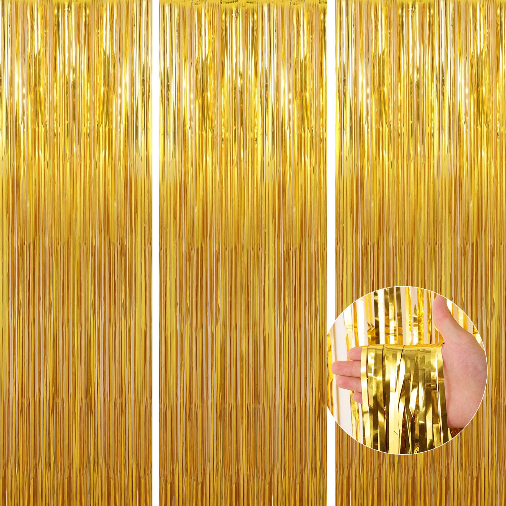 Birthday Party Decorations: 3 Pack 3.3 x 9.9 ft Gold Foil Fringe Curtains Party Supplies, Tinsel Curtain Backdrop for Parties/Birthday/Photo Booth