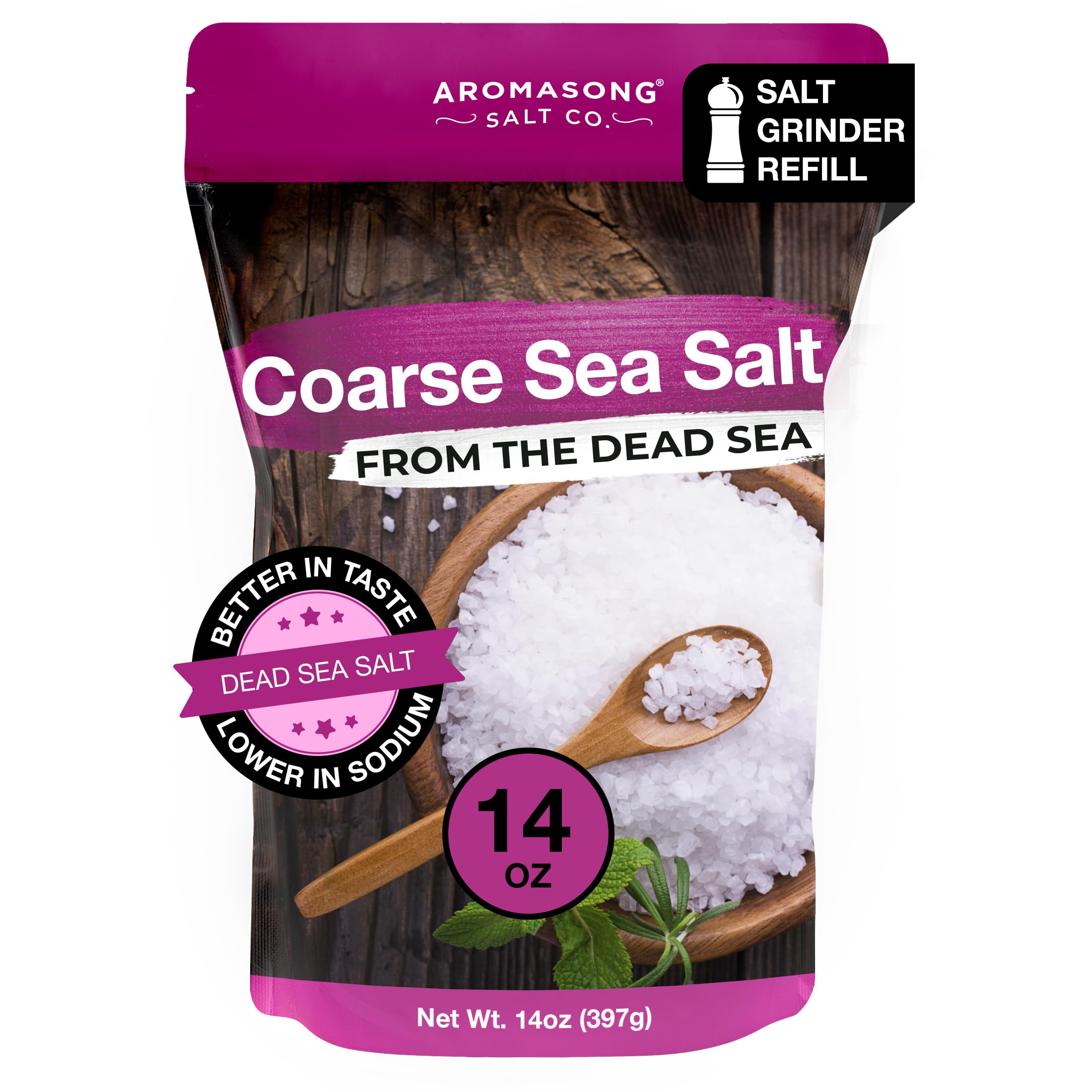Aromasong Coarse Sea Salt for Grinder Refill - Dead Sea Salt in Resealable Bag - Pure & Natural Sun Dried, Unrefined, Gluten Free, For Daily Cooking & Pickling Salt - 14 oz.