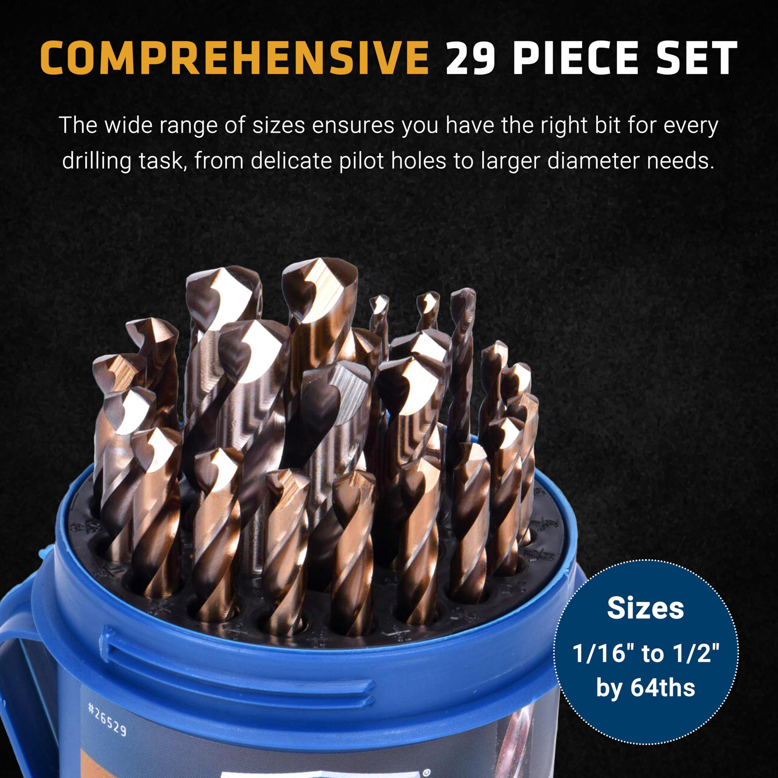 Century Drill & Tool, 26529, 29 PC Set,Jobber Drill Bit,ProGrade, Cobalt Steel, High Speed Drill Bit Pack