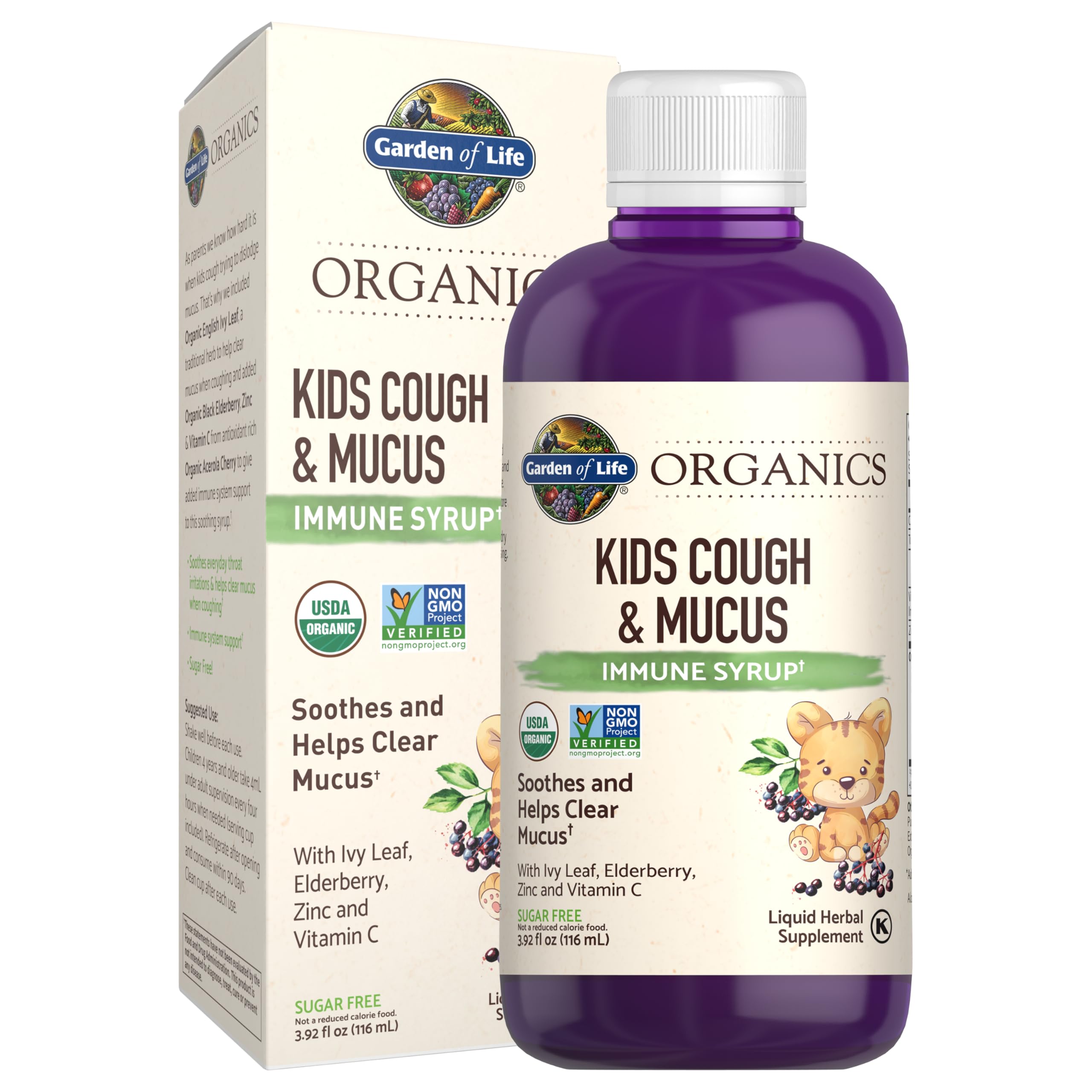 Garden of Life Organics Elderberry & Zinc for Children's Immune Support, Kids Cough & Mucus Immune Syrup with Ivy Leaf, Vitamin C and Echinacea, Alcohol-Free, No Added Sugars, 3.92 fl oz