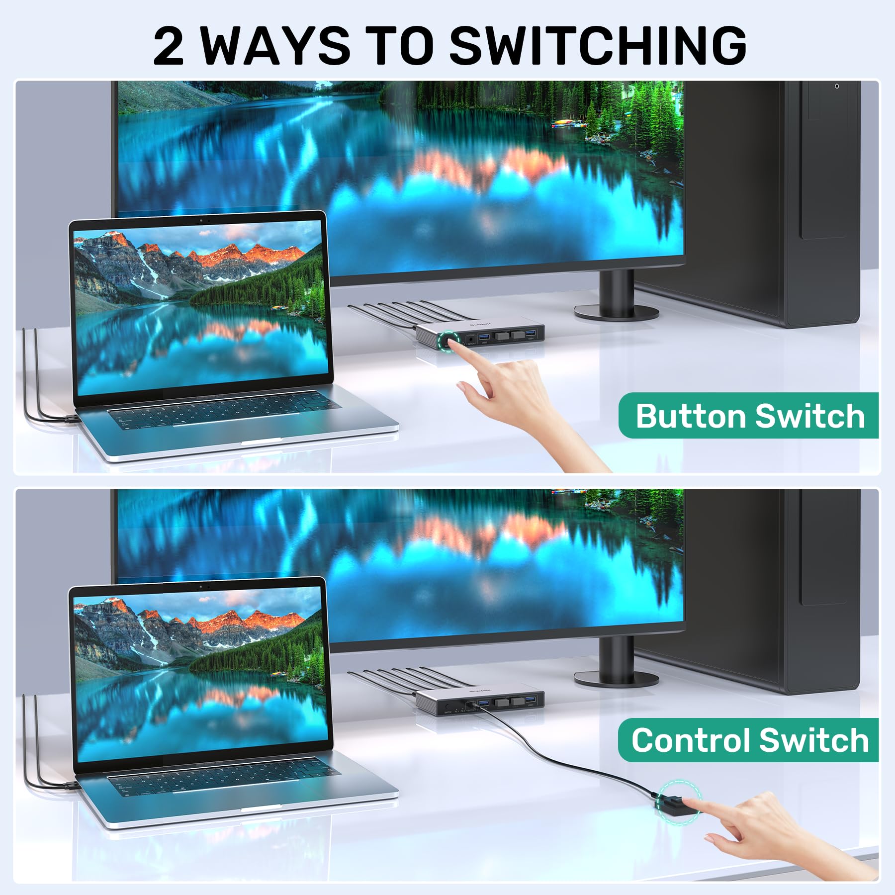 SUIDEK Displayport KVM Switch 1 Monitor 2 Computers, 8K@60Hz DP KVM Switch 2 in 1 Out USB 3.0 KVM Switcher with 4 USB Ports, Include Desktop Controller, 2 USB Cables and Power Adapter