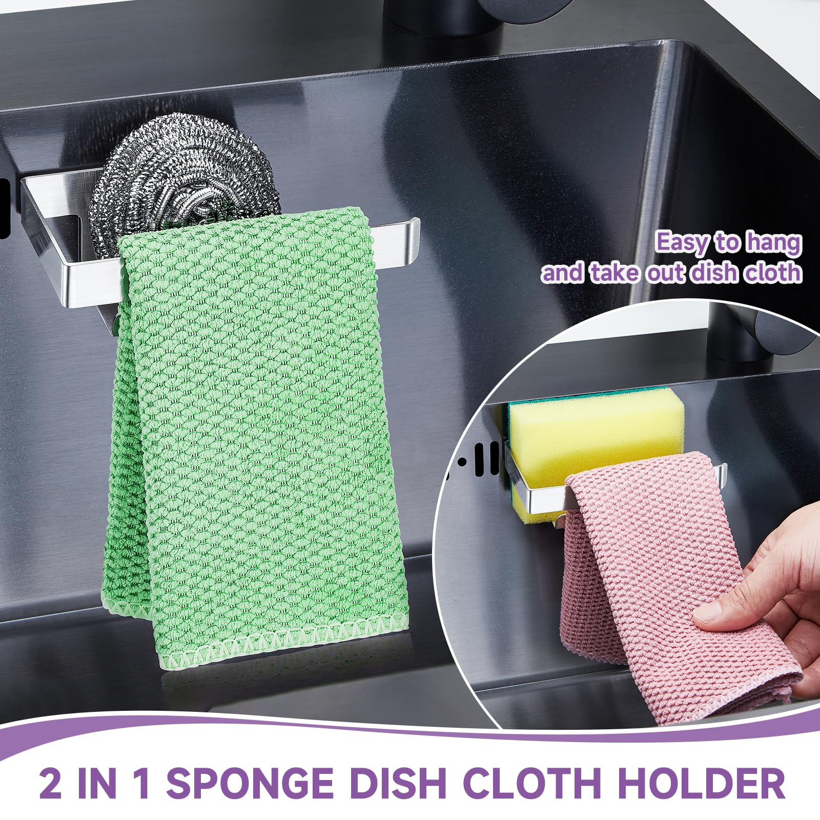 XILIMEN Sink Caddy Sponge Holder for Kitchen Sink Dish Cloth Hanger, Stainless Steel Sink Caddy Organizer Rack, 2-in-1 Adhesive Kitchen Sink Caddy for Sponge, Dish Cloth, Brush, Scrubber, Soap