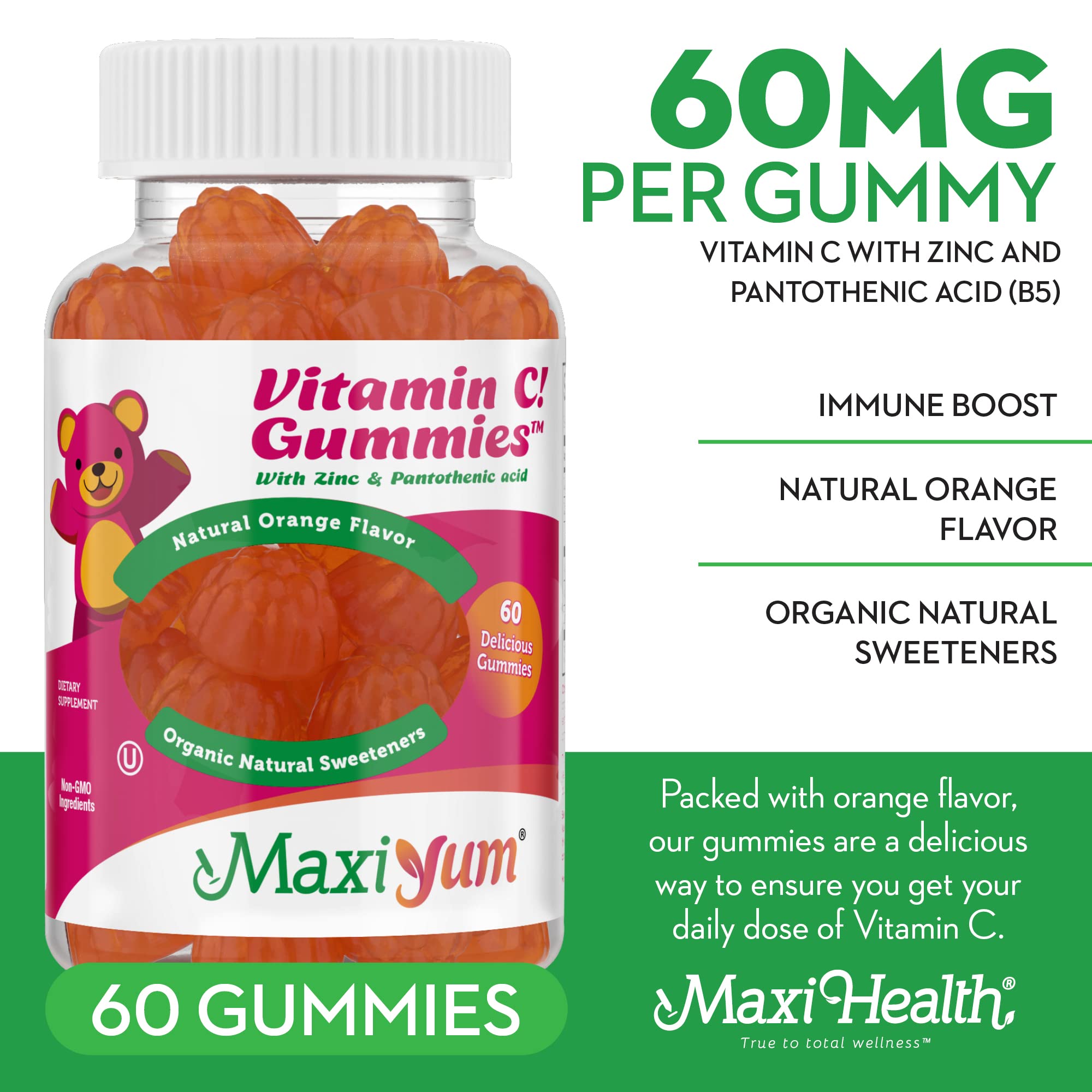 Vitamin C Gummies with Zinc - Maxi-Health Vitamin C with Zinc for Children and Adults - Respiratory Support and Immune Booster - No Preservatives and Artificial Flavors - 60 Fruit Shaped Gummies