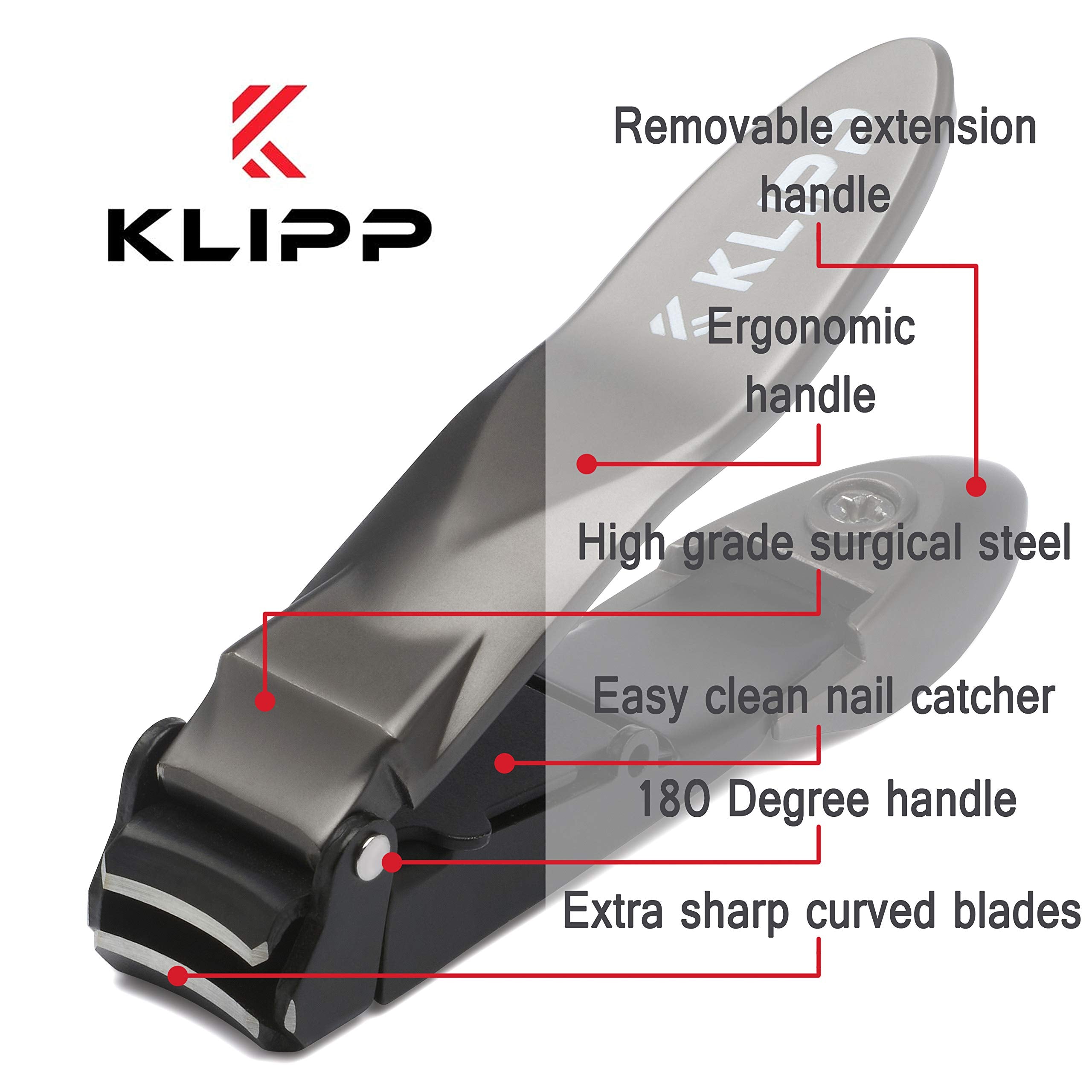 Nail Clippers for Men with Catcher - KLIPP Heavy Duty Razor-Sharp Self-Collecting Nail Cutter, Ergonomic Lever for Fingernails & Toenails, Ideal Gift for Men & Grooming Gifts Includes Ziplock Pouch