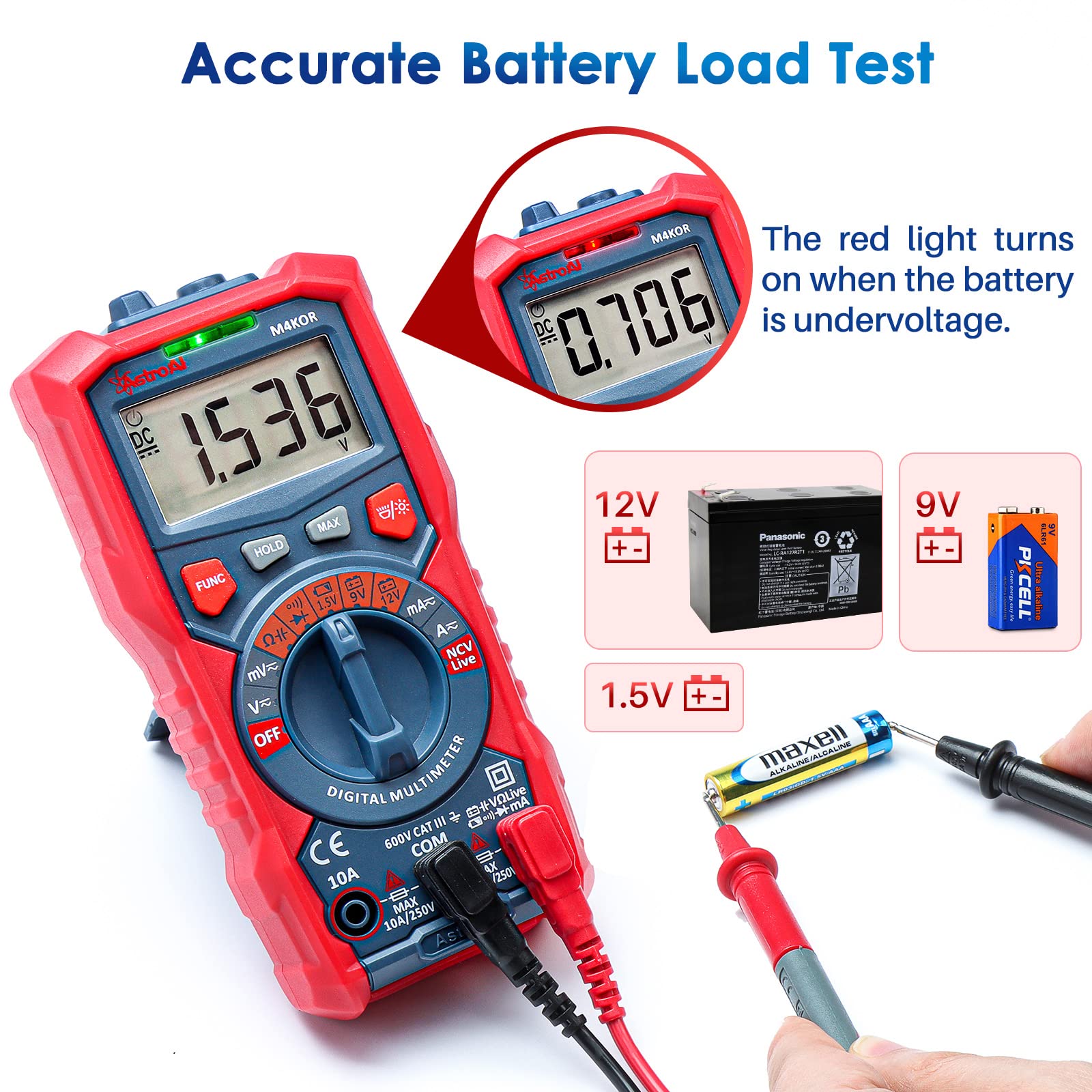 AstroAI Multimeter Tester, TRMS 4000 Counts Volt Meter Auto-Ranging Ohmmeter Digital 1.5v/9v/12v Battery Voltage Tester Measure Voltage Current Resistance Diodes Continuity Capacitance with NCV