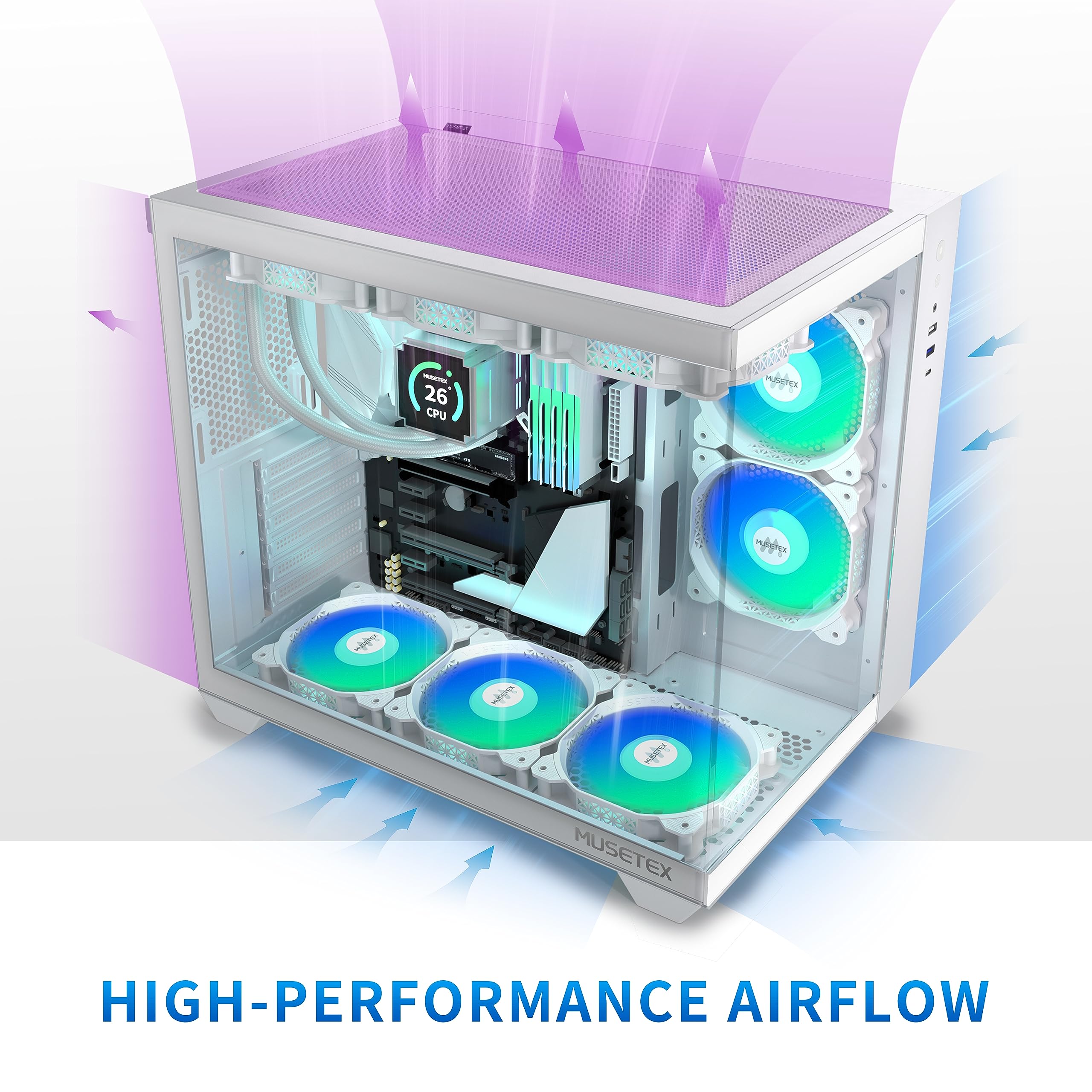 MUSETEX ATX PC Case,5 PWM ARGB Fans Pre-Installed,360MM RAD Support,Type-C Gaming 270° Full View Tempered Glass Mid Tower Pure White ATX Computer Case,Y6