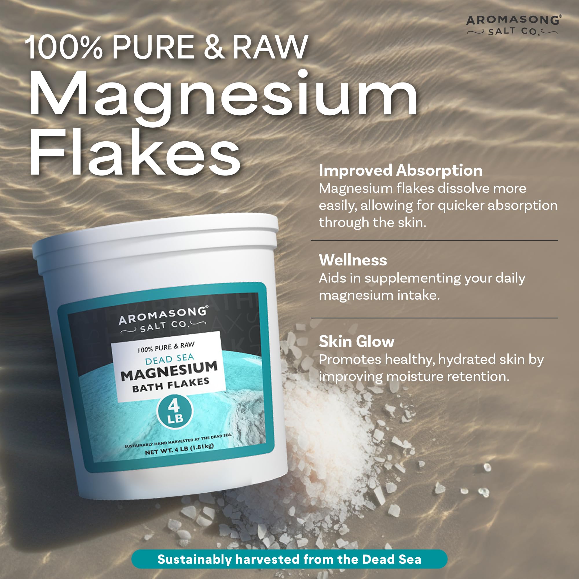 Aromasong Raw Dead Sea Magnesium Flakes for Bath - 4 LB Bulk Bath Salt in Reusable Bucket