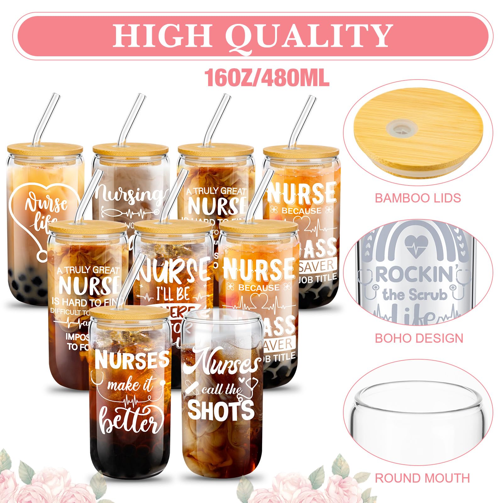 Funnymoom 36 Pcs Nurse Appreciation Gift Set RN Nurse Christmas Gifts Includes 12 Pcs 16 oz Nurse Glass Cups with Lid Straw Cosmetic Bag Keychains Nurse Gifts for Nursing Graduation(Cool Style)