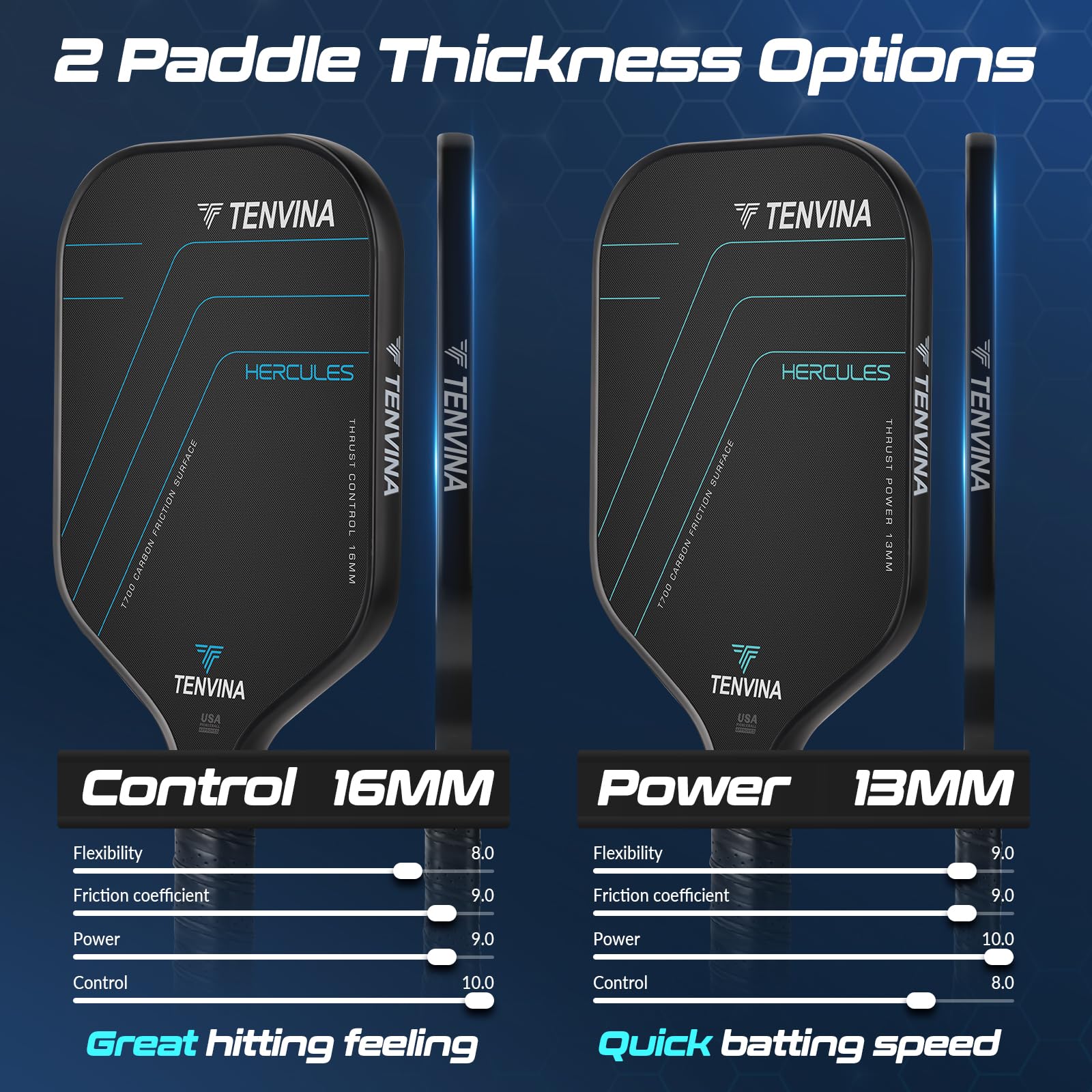 TENVINA Pickleball Paddles, Multi-Layer T700SC Friction Carbon Fiber Pickleball Paddle, 4-Types of Shapes and Thicknesses, Strong Power and Spin Surface of USAPA Approved Pickle Ball Paddle