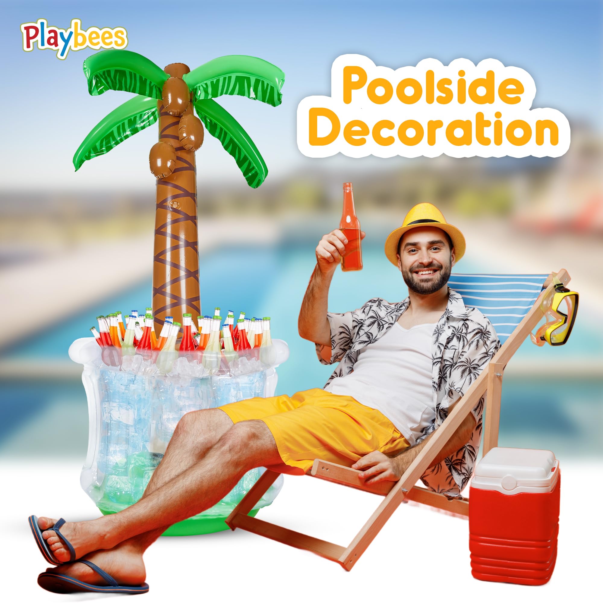 Playbees Inflatable Palm Tree Cooler 60" - Blow Up Palm Tree Party Cooler, Luau Hawaiian Tropical Beach Theme, Summer Swimming Pool Party Decorations - Outdoor Party Supplies - Kids Adults Birthday