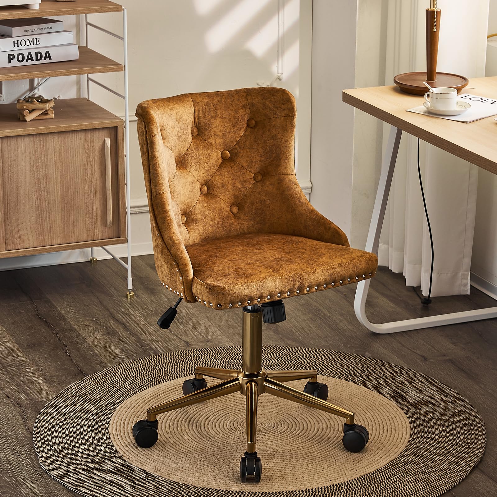 VINGLI Mustard Velvet Armless Home Office Desk Chair with Gold Base/Wheels, Small Cute Vanity/Makeup Chair with Back for Bedroom, Upholstered Adjustable Rolling Swivel Nail Chair for Women/Girls