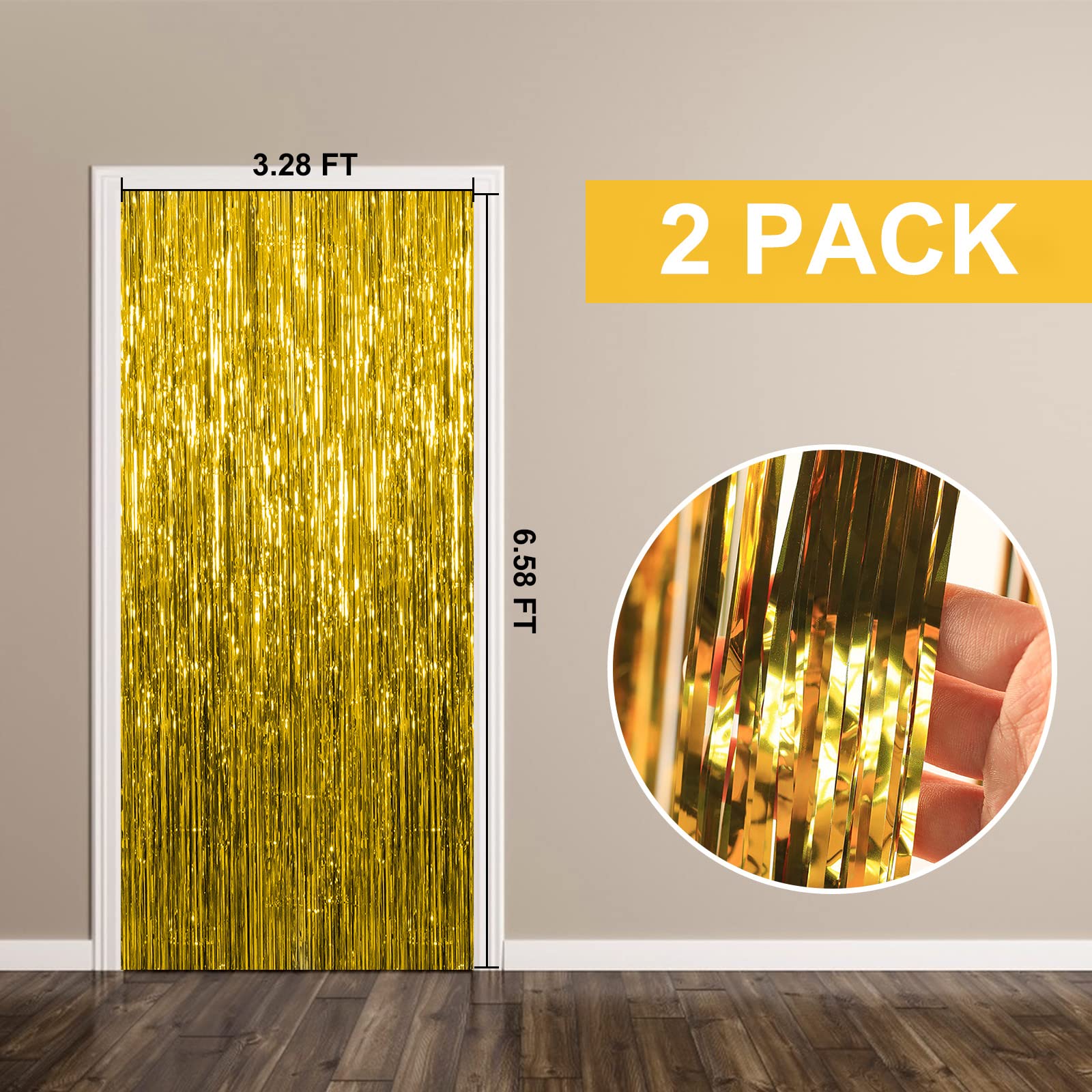 2 Pack Gold Backdrop Birthday Decorations Foil Curtain Backdrop Gold Streamers Dance Party Decorations Photo Booth Props for Bachelorette Decorations Christmas Halloween New Years Eve Party Supplies