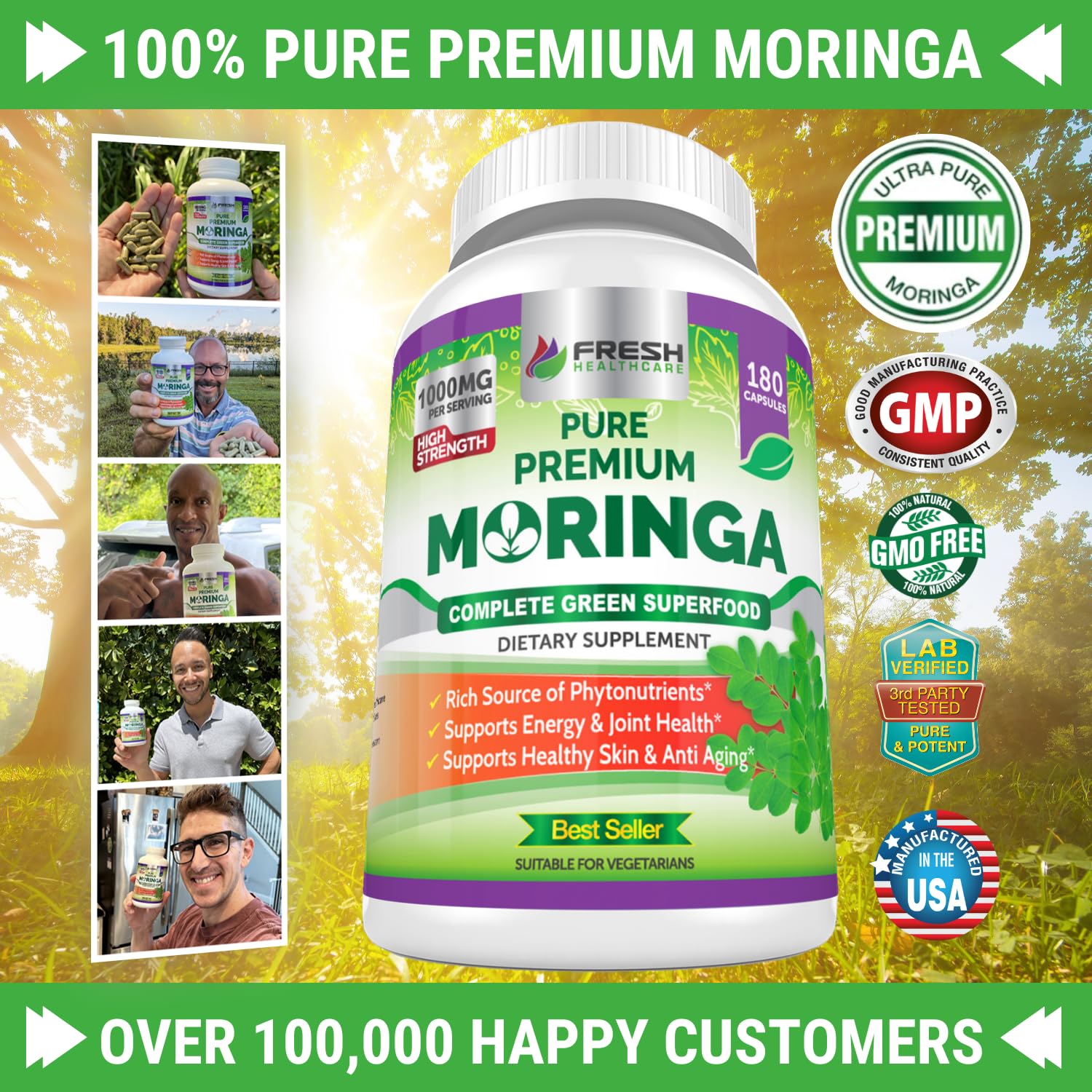 FRESH HEALTHCARE Moringa Oleifera 180 Capsules – 100% Pure Leaf Powder - 3 Month Supply - Non GMO and Gluten Free - Complete Green Superfood Supplement - Energy, Metabolism and Immune Support