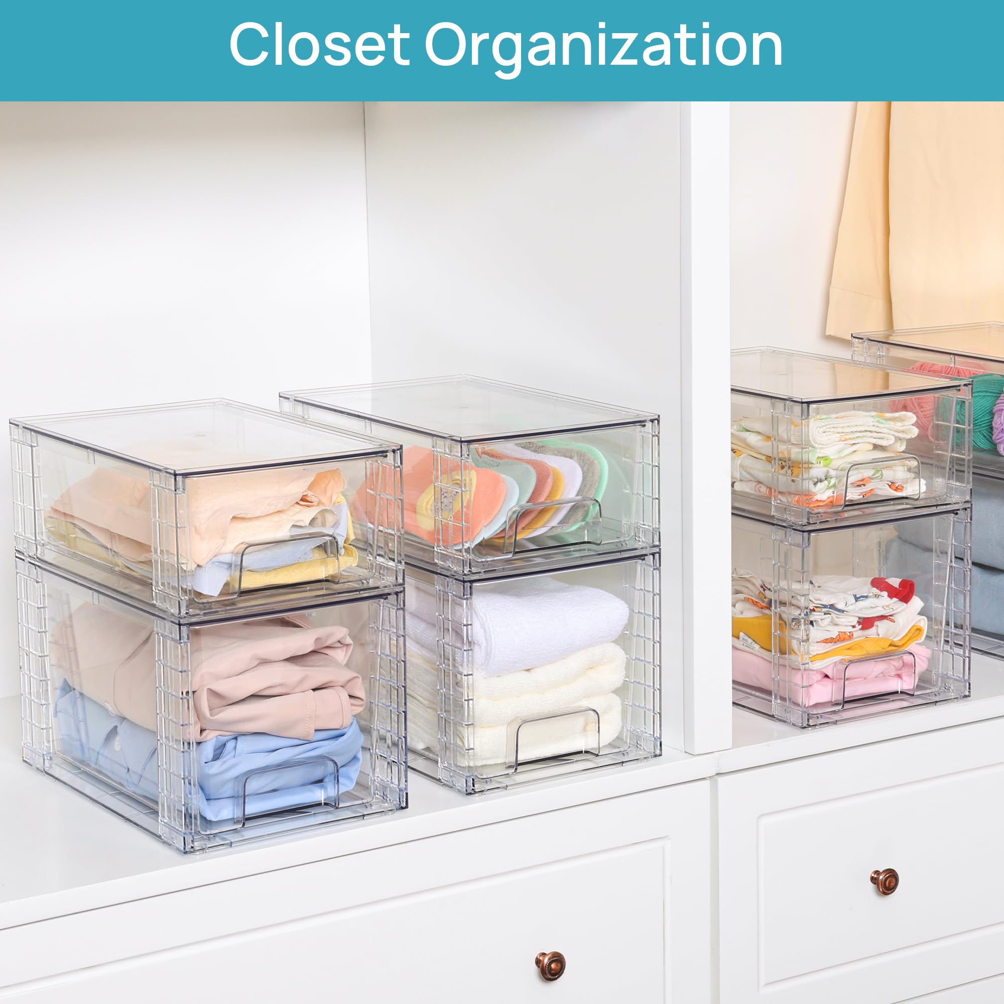 Vtopmart 4 Pack Large Stackable Storage Drawers,Easily Assemble Acrylic Bathroom Closet Undersink Organizers and Storage,Plastic Storage Bins for Kitchen Cabinets,Pantry,Makeup,Medicine Organization