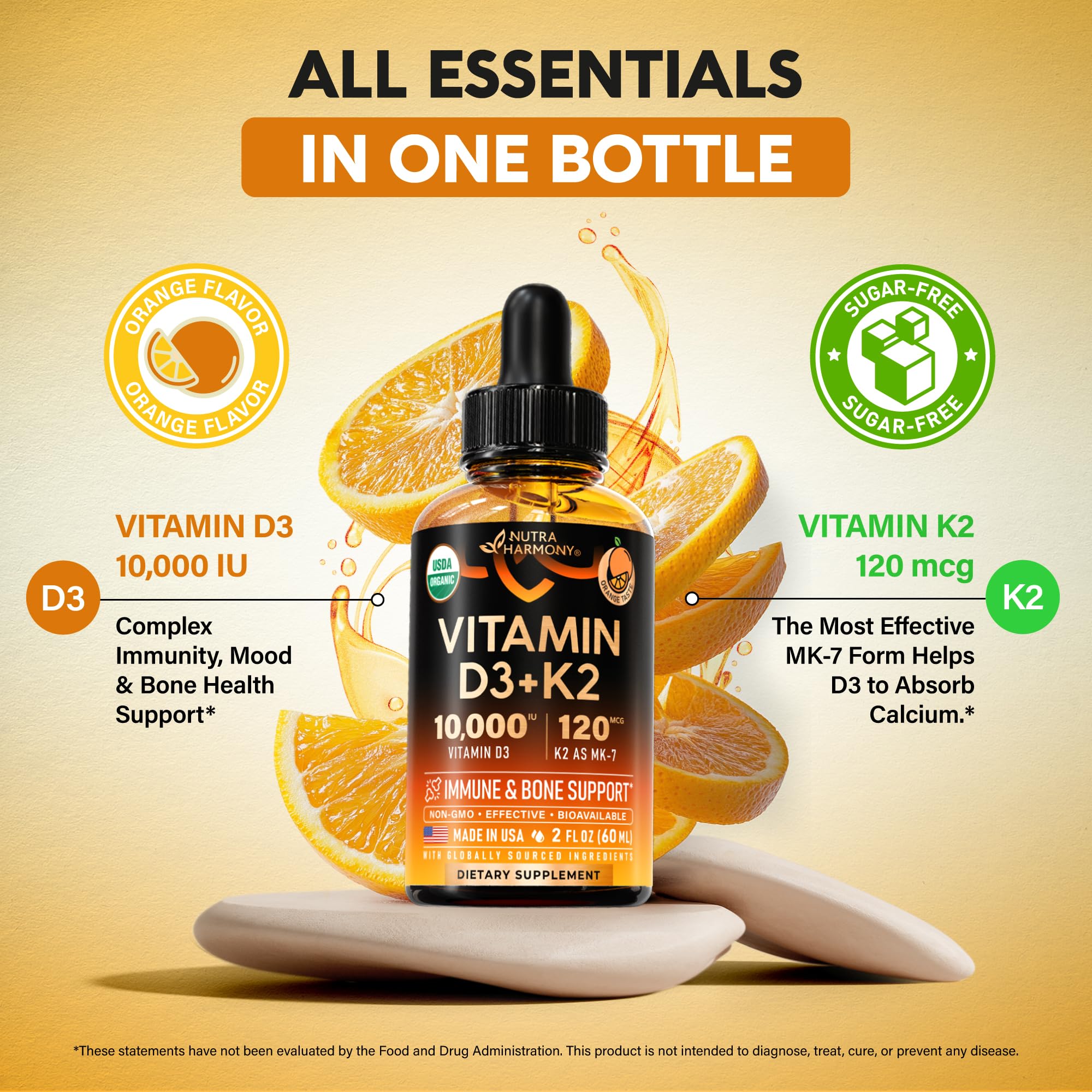 Vitamin D3 K2 USDA Organic Drops - Vitamin D3 10000 IU & K2 as MK-7 120mcg - Immune & Mood Support, Bone & Teeth Health - Sugar-Free Orange Flavor - Liquid Supplement - Made in USA - 2 FL OZ, 60 Days
