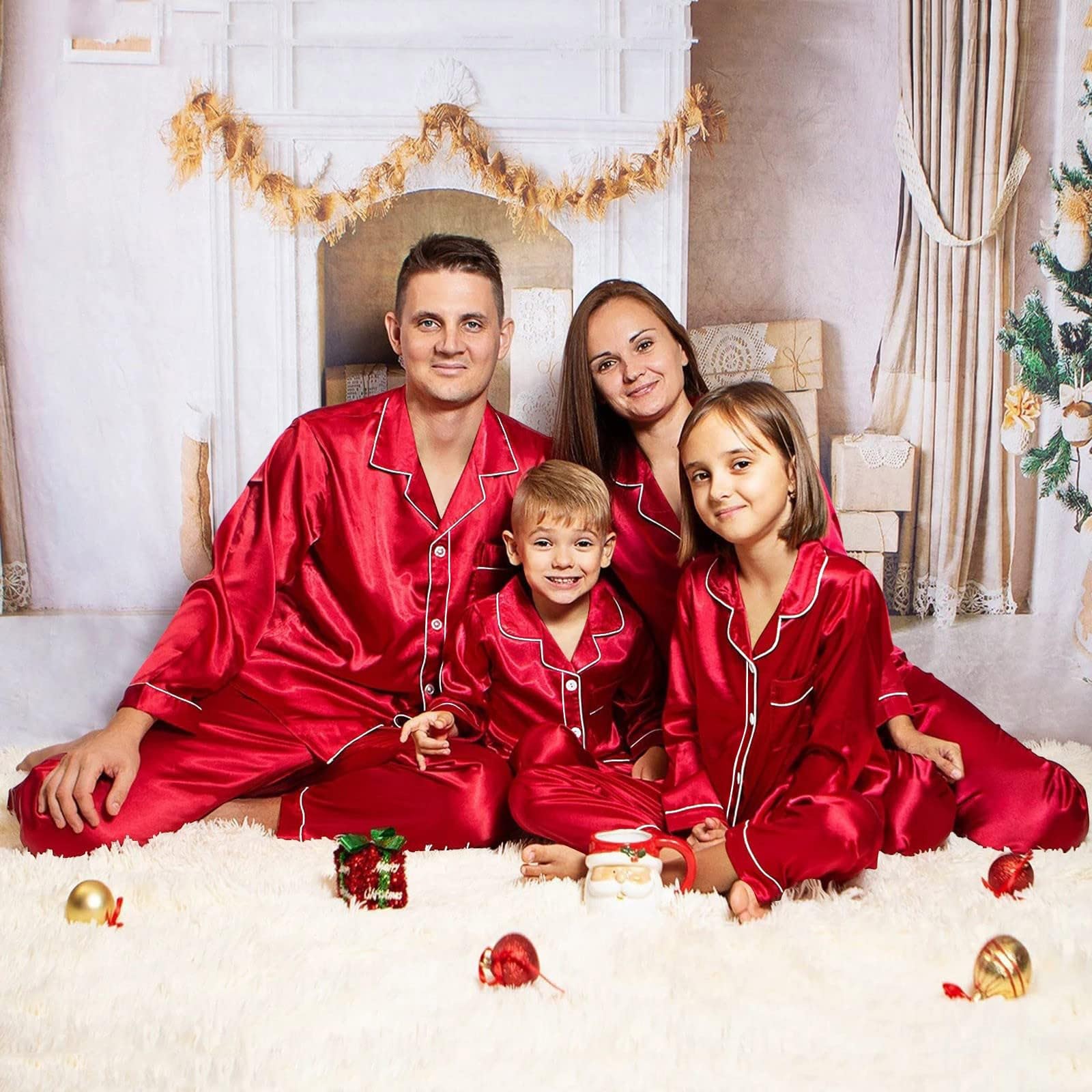 Christmas Matching Pajamas for Family Sets Silk Stain Family Pajamas Matching Sets 2024 Button Down Shirt and Pants Silky Xmas Pjs Jammies for Family PicturesDeRed