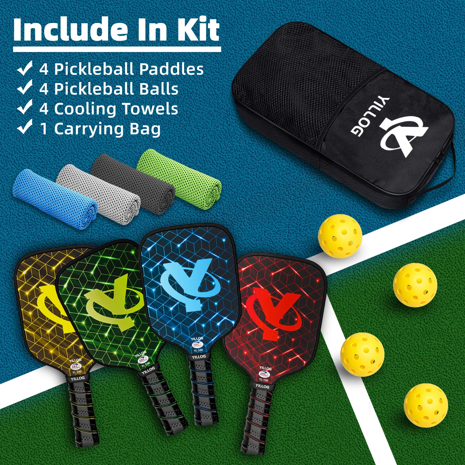 YILLOG Pickleball Paddles, USAPA Approved Pickleball Paddle Set of 4, Fiberglass Surface Pickleball Set, 4 Pickleball Balls, 4 Cooling Towels, Pickleball Bag, Pickle ball Paddle for Men Women