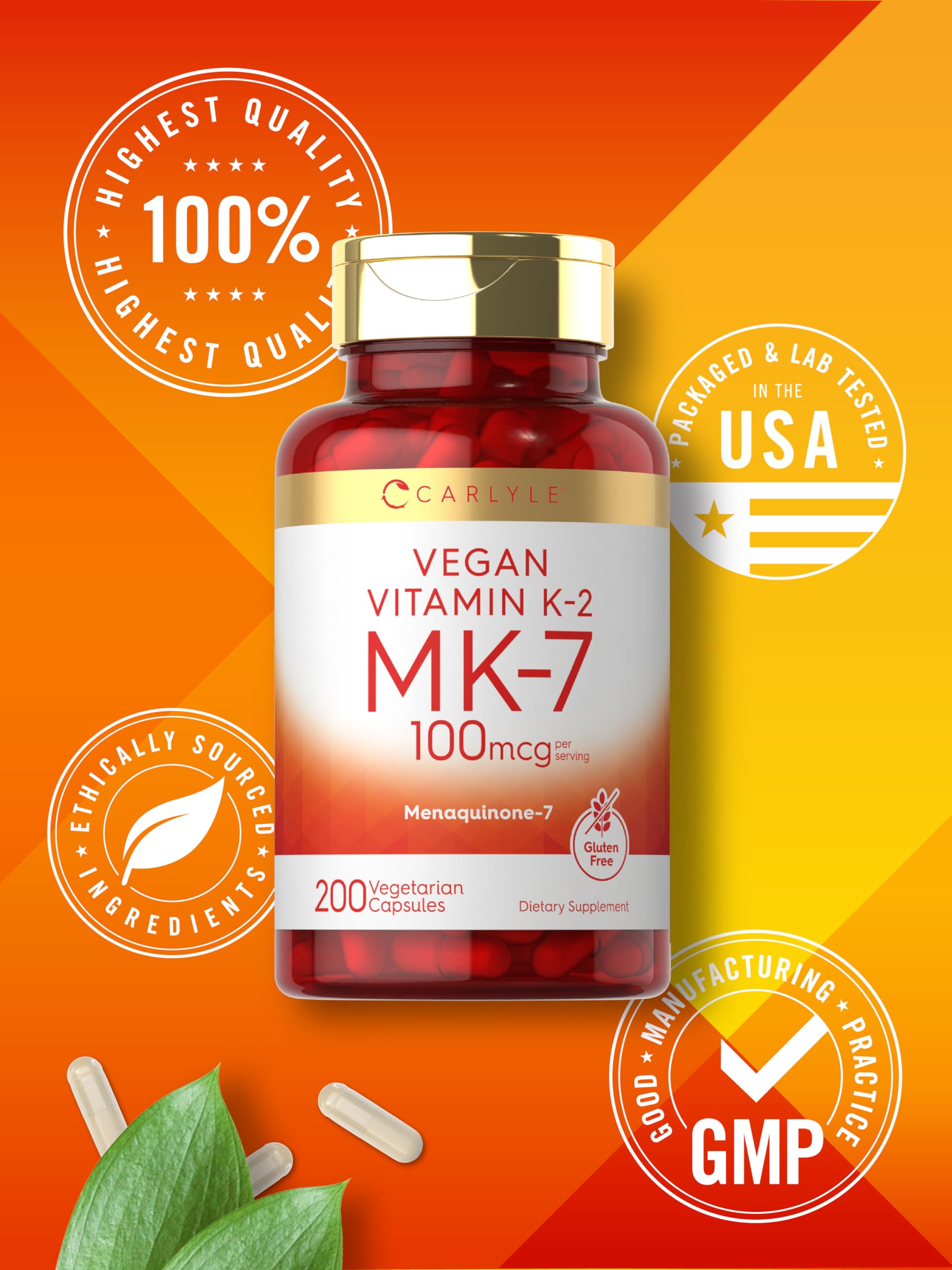 Carlyle Vitamin K2 MK7 100mcg | 200 Vegan Capsules | Menaquinone-7 Supplement | Non-GMO, Gluten Free