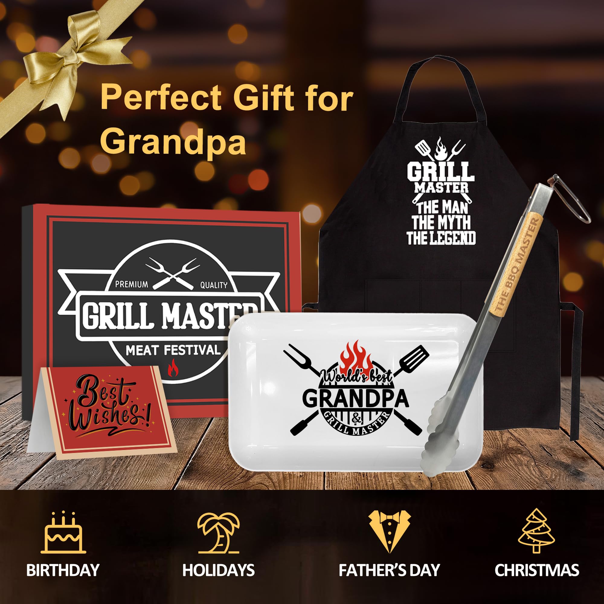 Christmas Grandpa Gifts, Grandpa Grill Platter Gift BBQ Grilling Serving Tray Plate Dishes and Tong, Grandpa Birthday Gift from Grandkids for Salad Dessert Charcuterie Outdoor Indoor Cooking Party