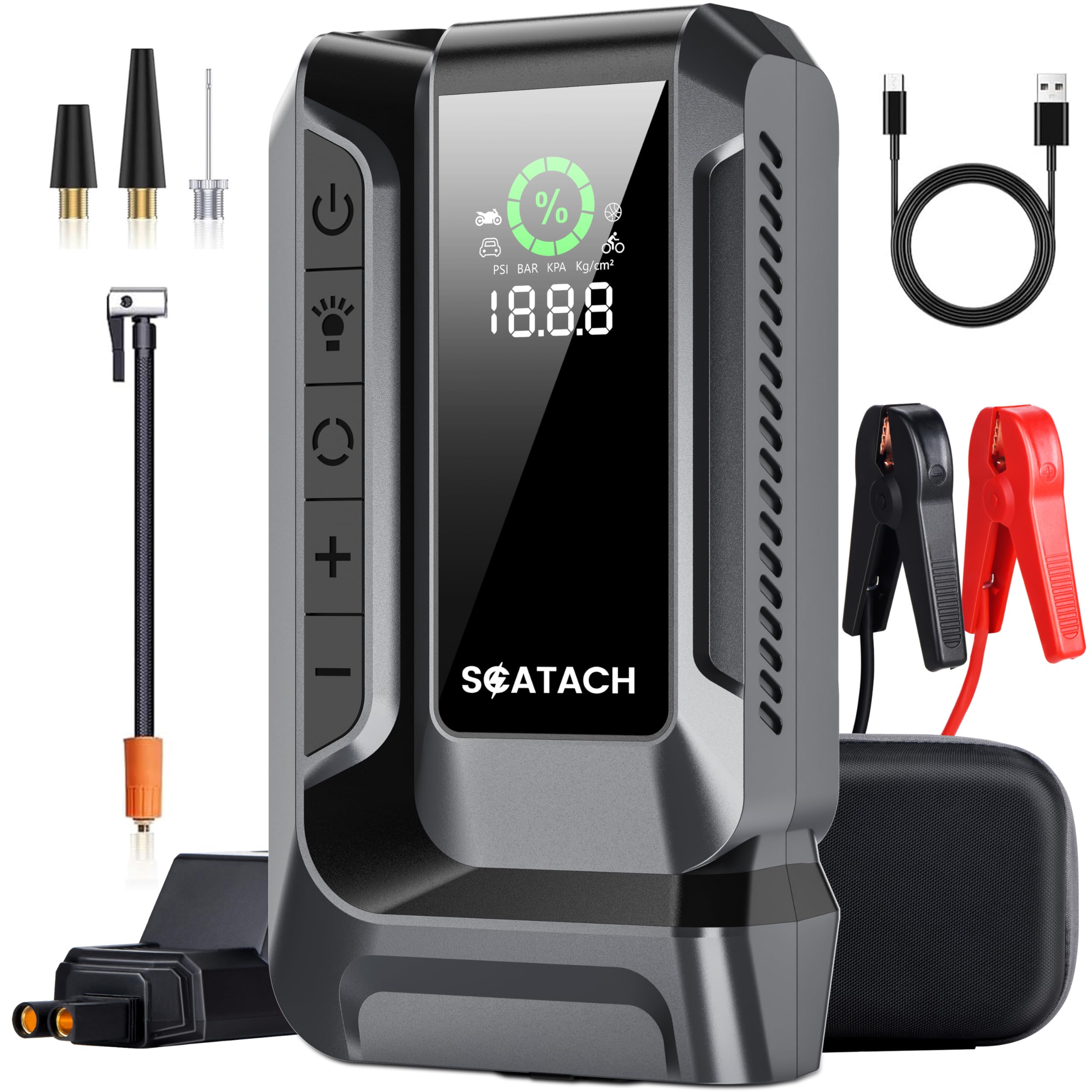 Scatach Q16 4000A Car Jump Starter with Air Compressor, 150PSI Portable Jump Starter Battery Pack (10.0L Gas/8.0L Diesel), with QC3.0, Large Display, 3 Modes Flashlight and Jumper Cable