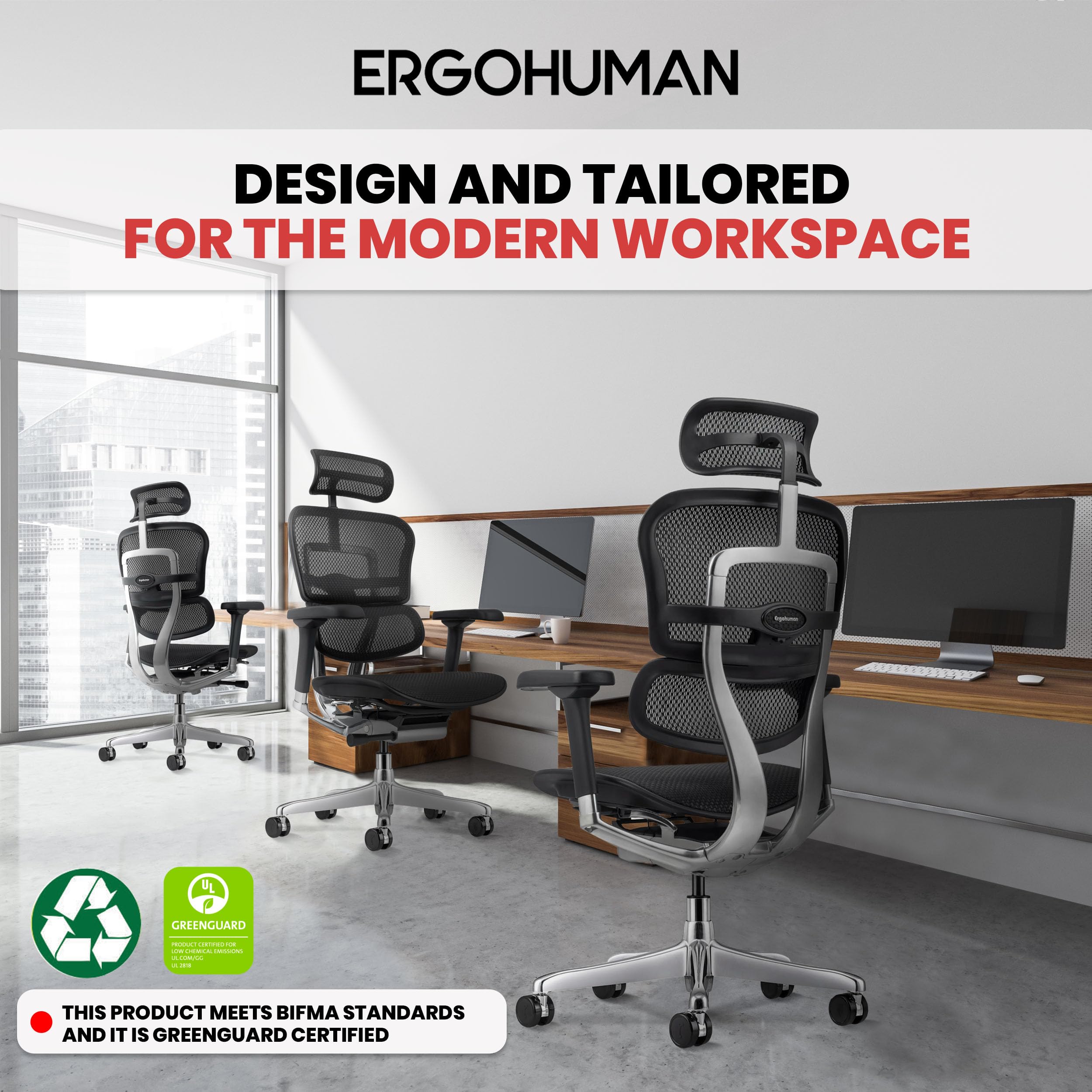 Ergohuman Eurotech GEN2 – High Back Black Mesh Office Chair with Adjustable and Flexible Lumbar Support – Headrest, Seat Slider, Armrests, and Height Adjustment
