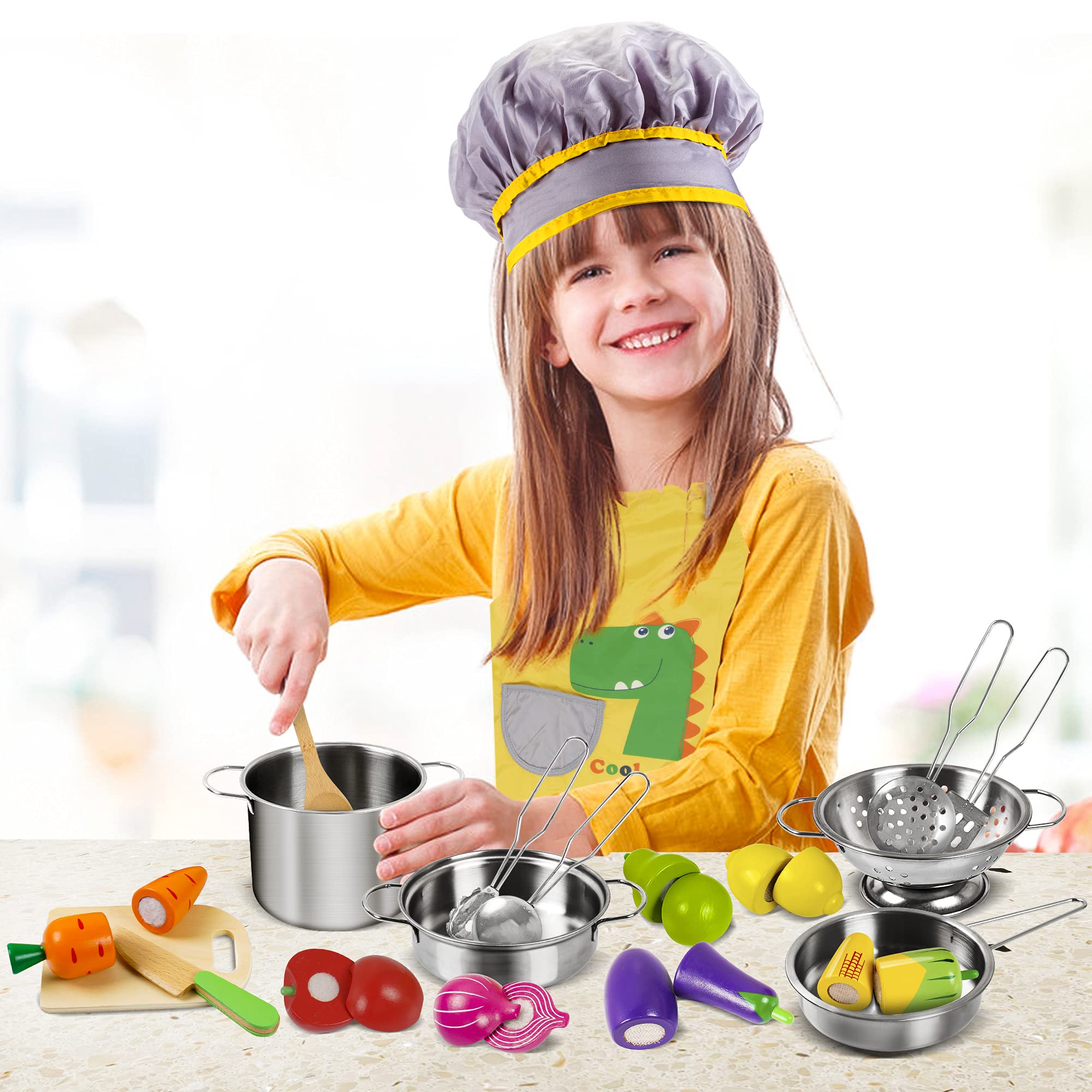 Sundaymot Play Kitchen Accessories, Wooden Play Food, Cooking Set with Stainless Steel Cookware Pots and Pans Utensils, Apron, Chef Hat, Cutting Food Kitchen Playset for Girls and Boys