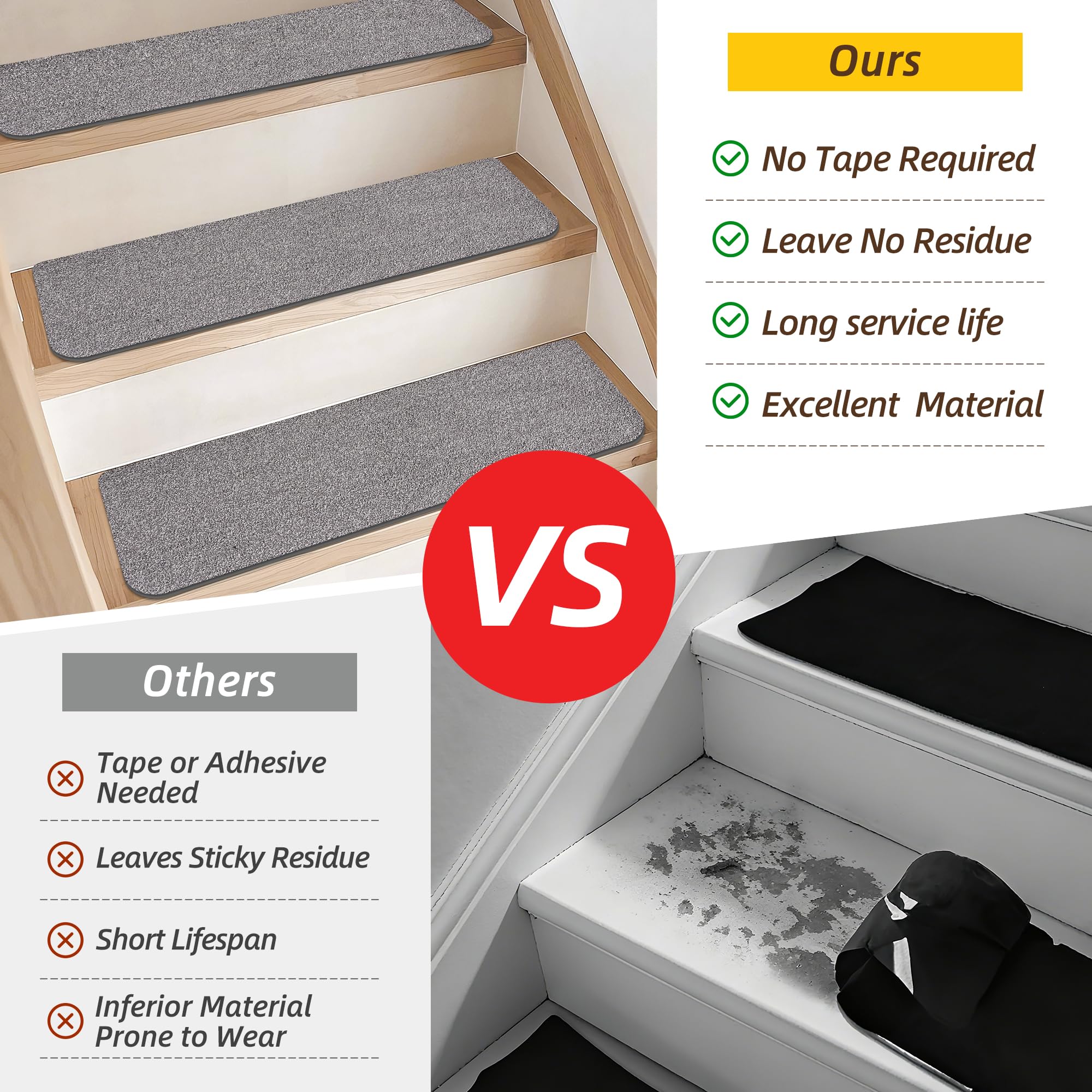 Non-Slip Stair Treads for Wooden Steps Indoor, 15 Pack 9" X 28" Stair Carpet Mats with TPE Backing for Kids Elders and Dogs, 0.3" Thick 100% Polyester Soft Stair Runner Rug, Light Grey