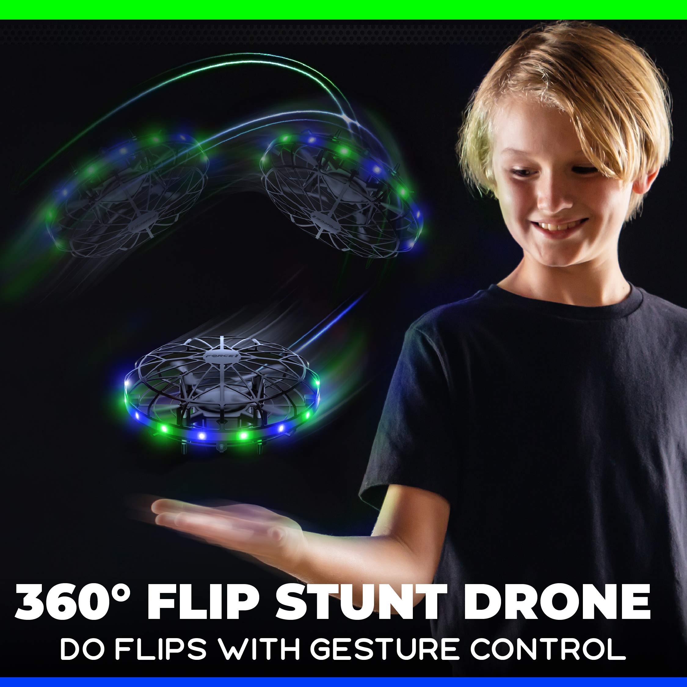 Force1 Scoot LED Hand Operated Drone for Kids or Adults - Hands Free Motion Sensor Mini Drone, Easy Indoor Small UFO Toy Flying Ball Drone Toy for Boys and Girls (Green/Blue)