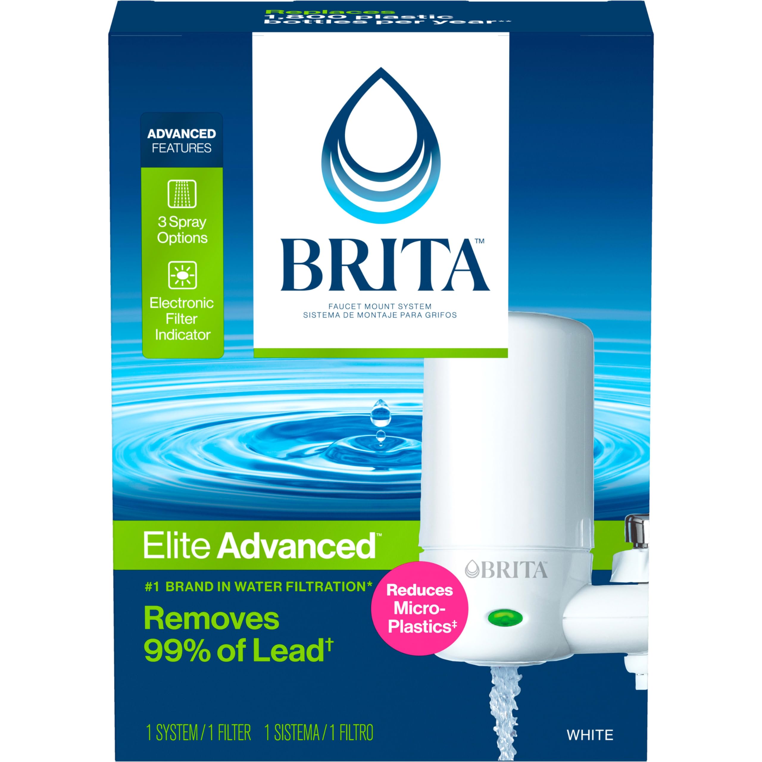 Brita Faucet Mount Water Filter for Sink, Removes 99% of Lead, Elite Advanced Filtration System, Includes 1 Replacement Filter, White