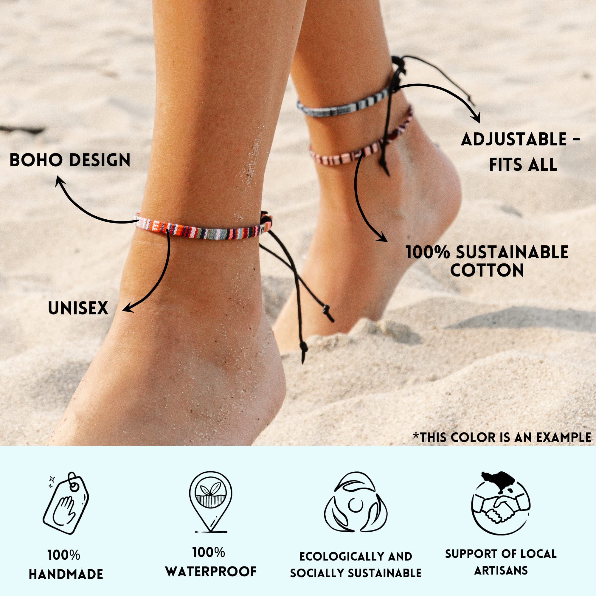 Boho Surfer Anklet Unisex - Ethnic Ankle Bracelet Women & Men - Handmade Beach Jewelry & Festival Accessories - 100% Waterproof & Adjustable - Thin String Rope Hippie Anklet (Blue-White)