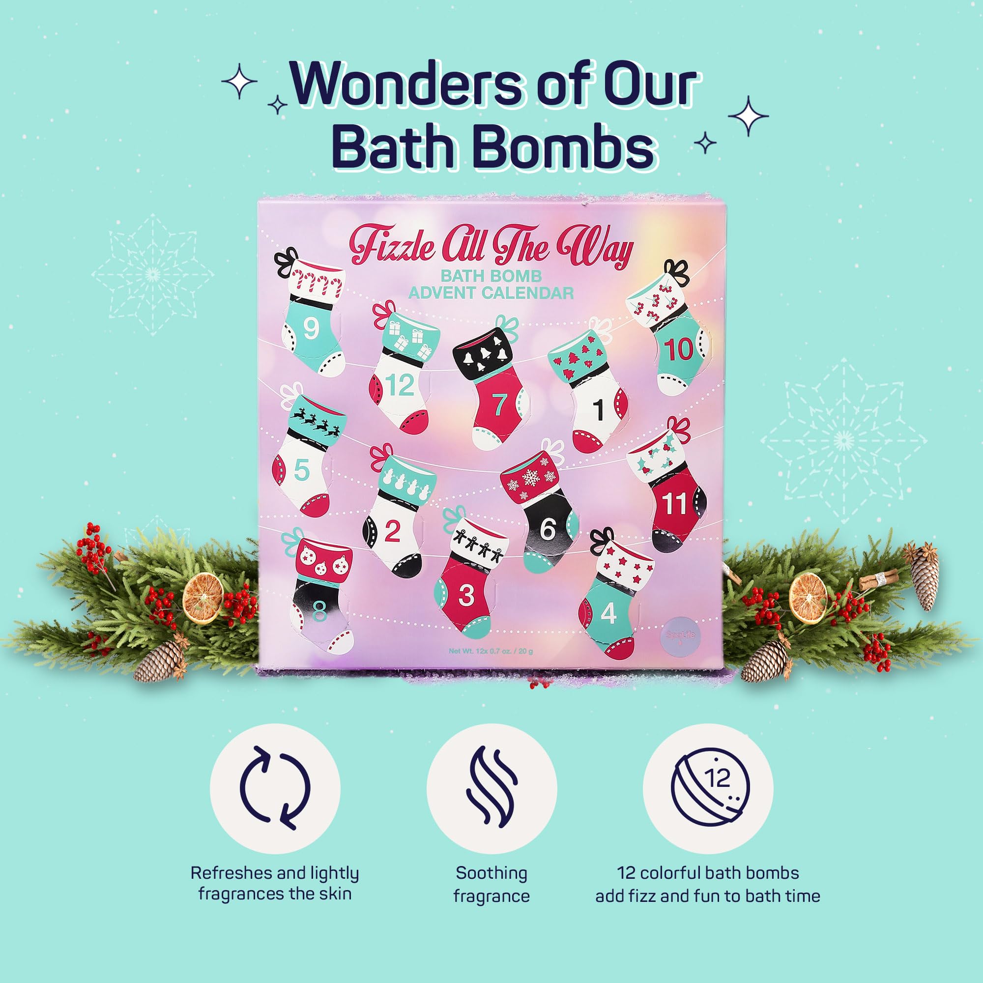 SpaLife Fizzle All The Way Bath Bomb Advent Calendar - 12 Days of Relaxation and Fun - Relaxing and Rejuvenating Bath Bombs - Perfect Christmas Holiday Gift Set