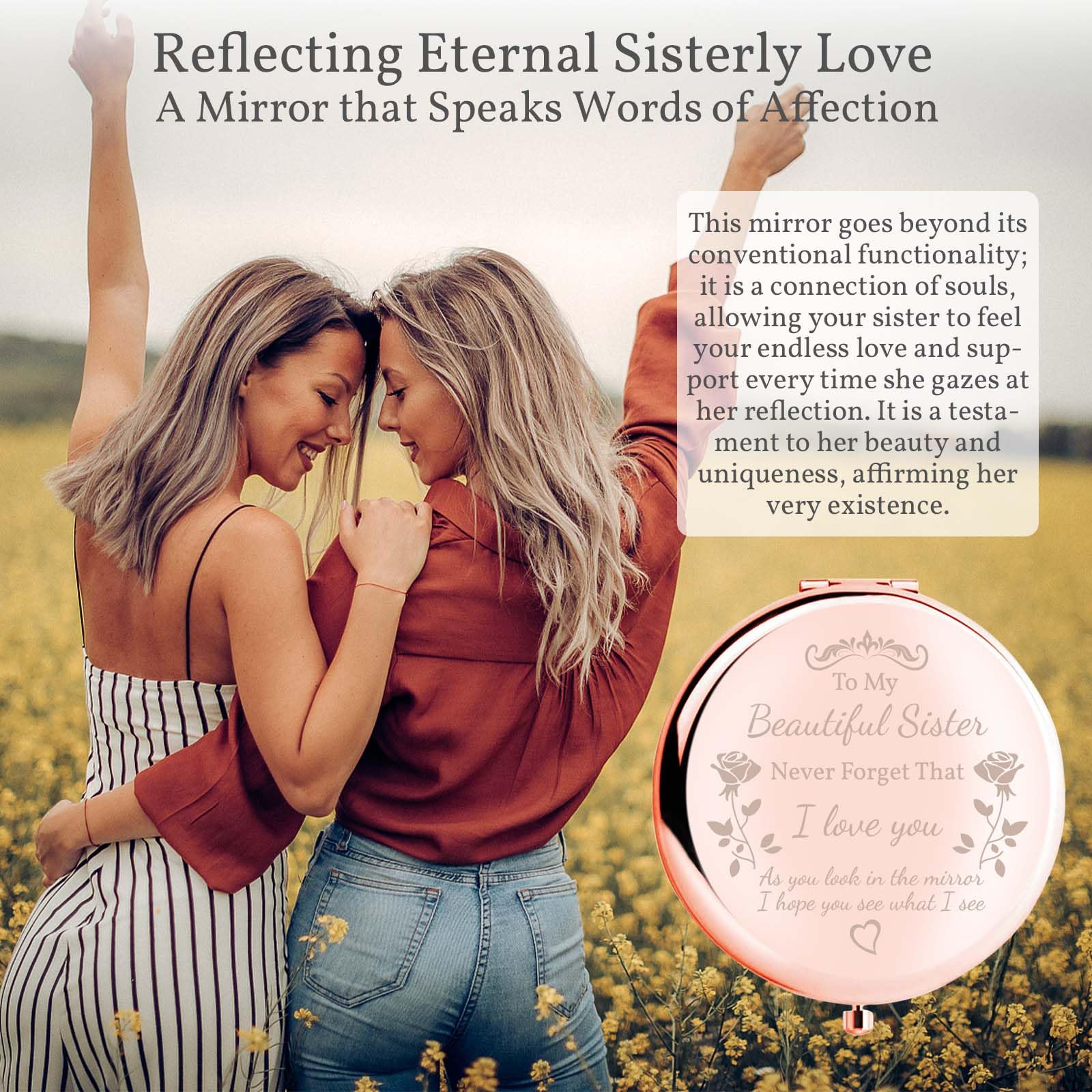 boutikpro Sister Gifts Compact Mirror, to My Beautiful Sister Gorgeous Rose Gold Compact Mirror Unique Friend Gift Mirror for Women Girls Sisters for Women BFF