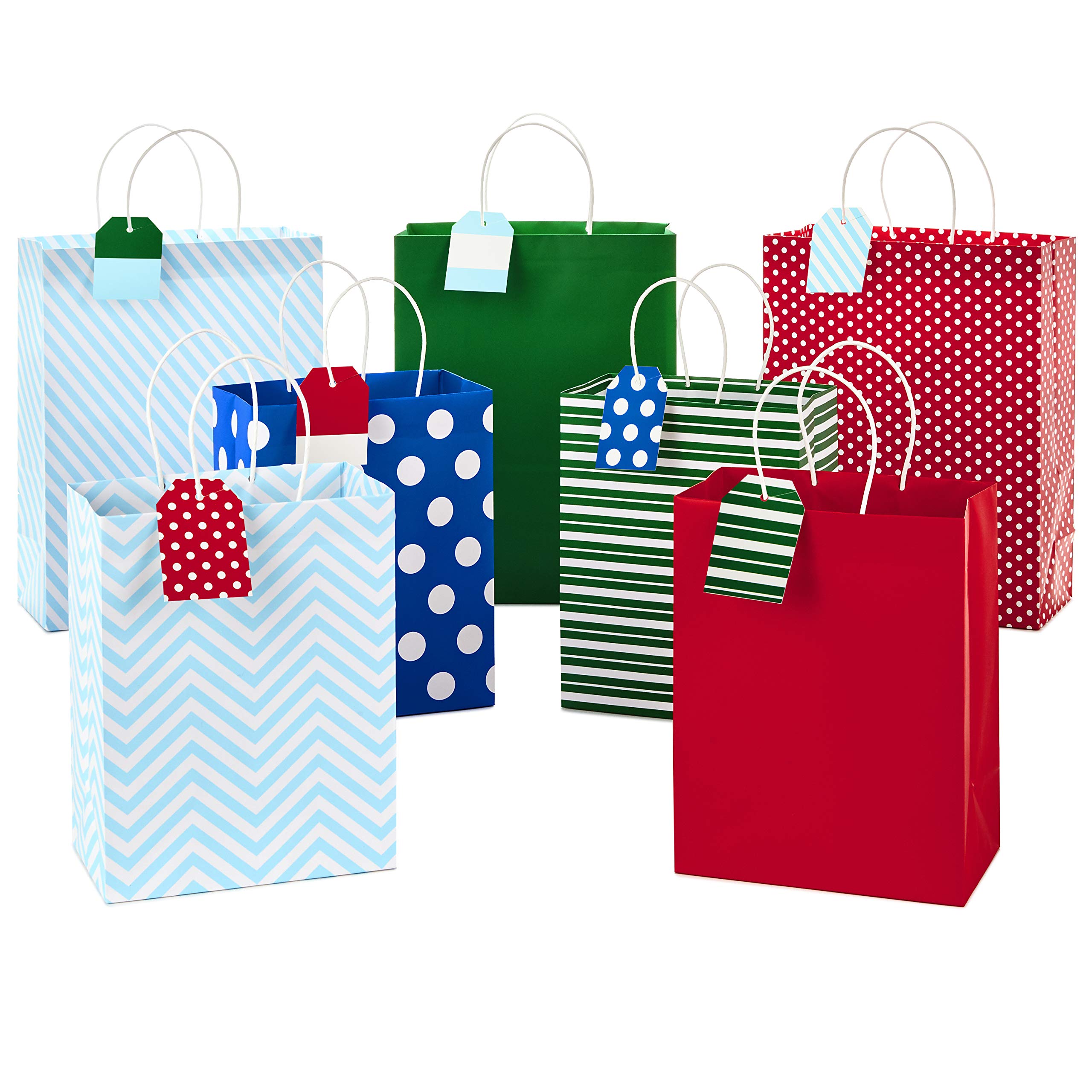 Hallmark Assorted Christmas Gift Bags with Mix-n-Match Gift Tags (7 Gift Bags: 3 Large 13", 4 Medium 9"; 7 Gift Tags) for Holiday Parties, Hanukkah, Winter Weddings