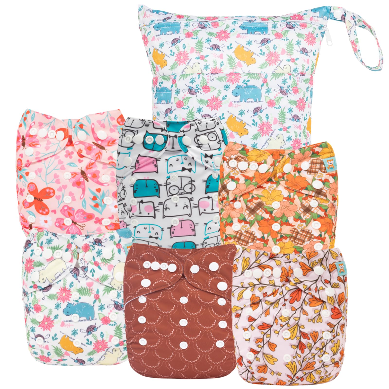 ALVABABY 6pcs Cloth Diaper Covers & 1 Wet Dry Bag, Reusable Cloth Diaper Shell for Prefold with Multi-Functional Bag